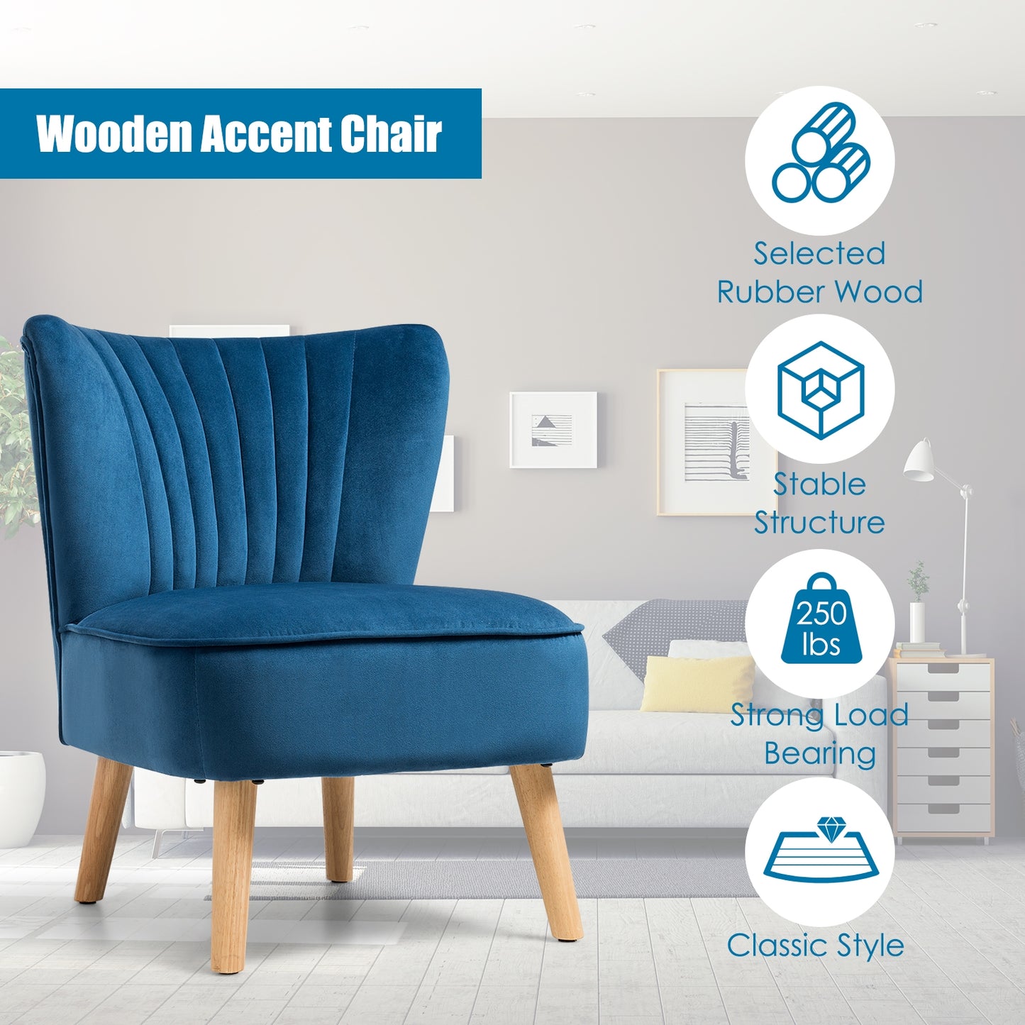 Velvet Armless Accent Chair with Natural Wood Legs - Blue