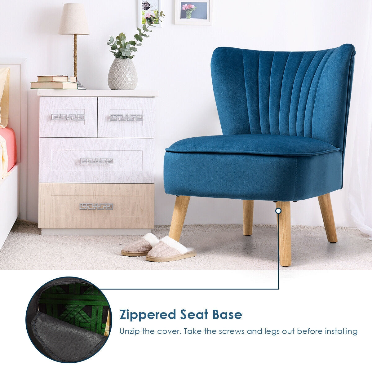 Velvet Armless Accent Chair with Natural Wood Legs - Blue