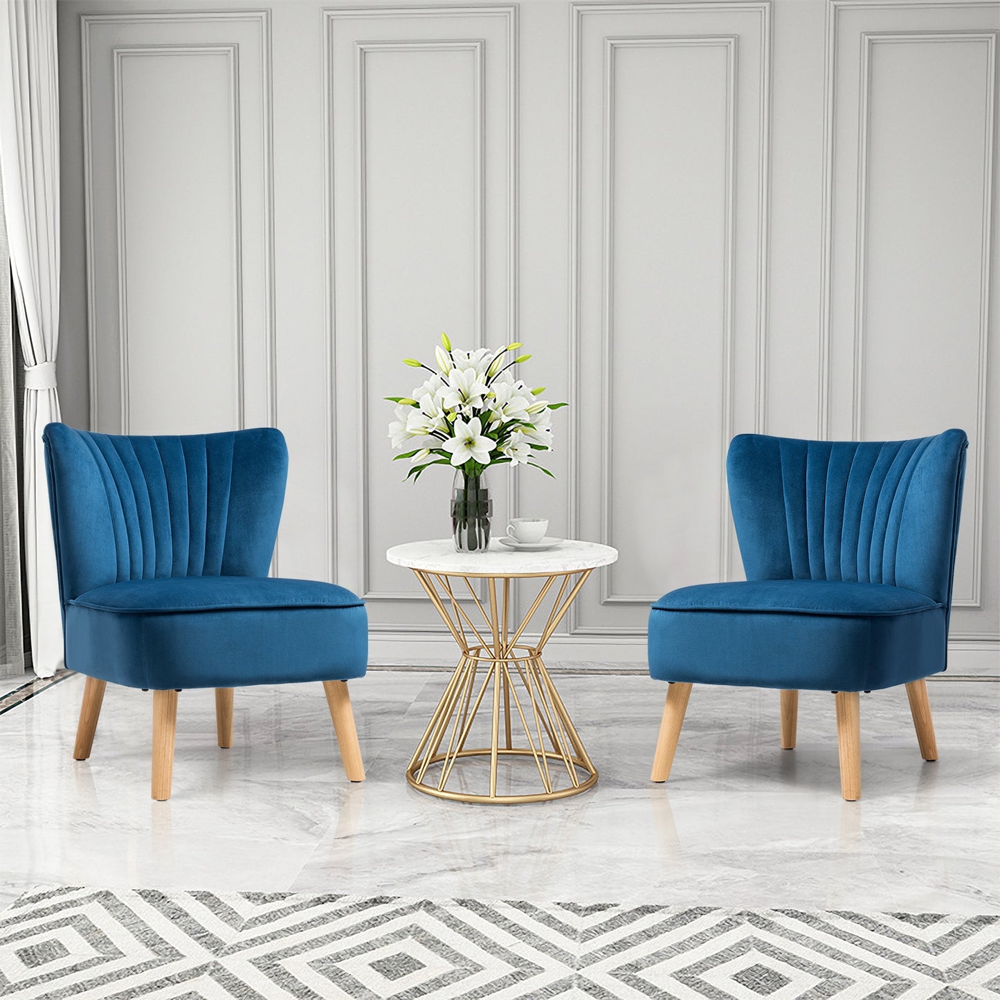 Velvet Armless Accent Chair with Natural Wood Legs - Blue