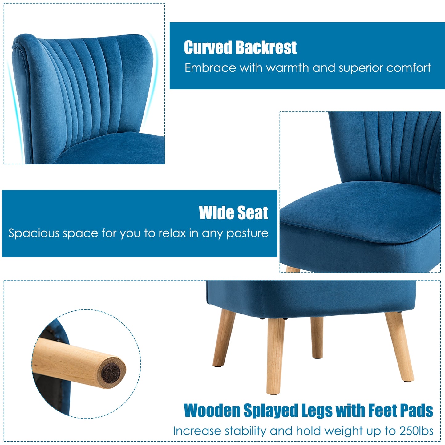 Velvet Armless Accent Chair with Natural Wood Legs - Blue