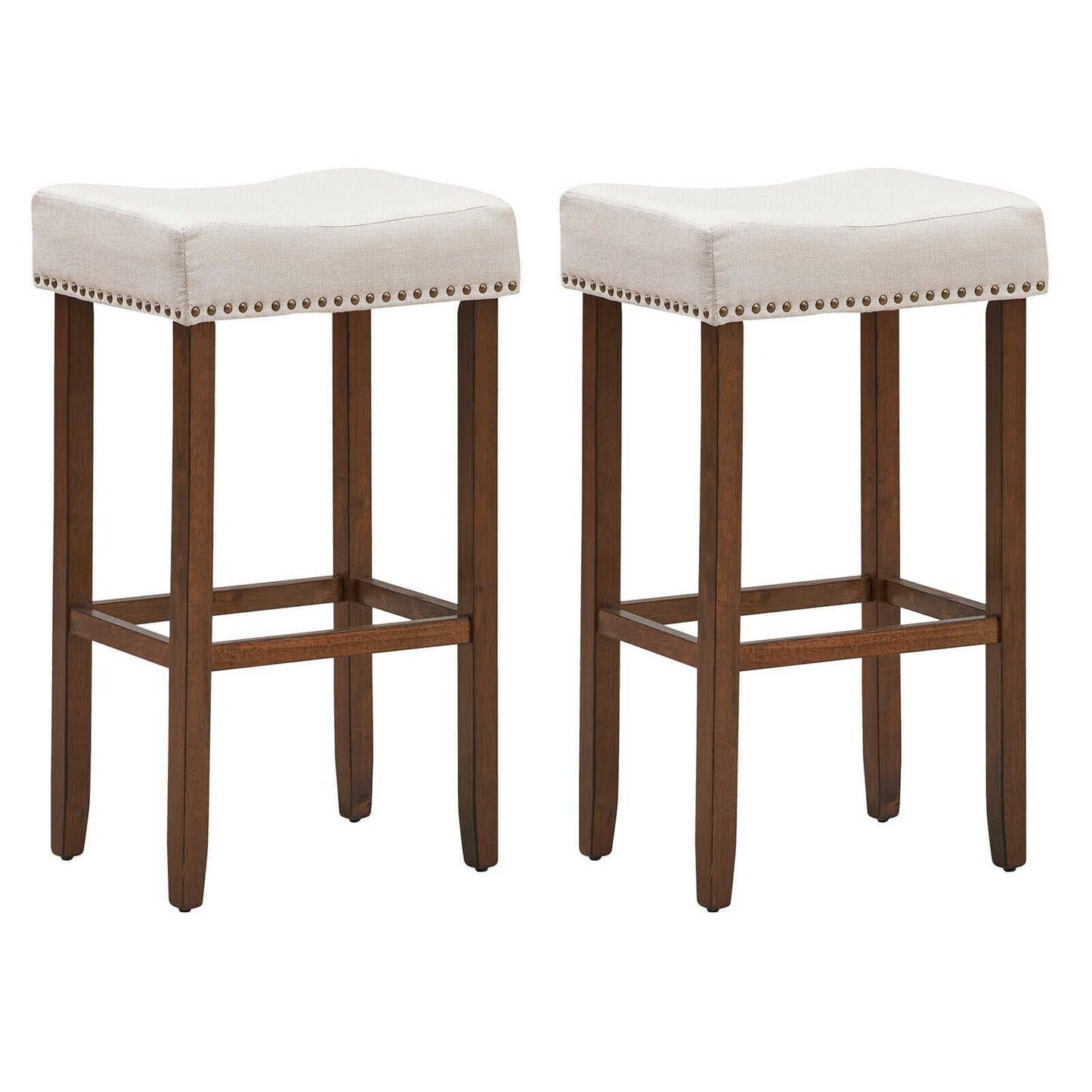 Set of 2 Upholstered 29 Inch Saddle Bar Stools with Nailhead Trim and Solid Wood Legs – Beige