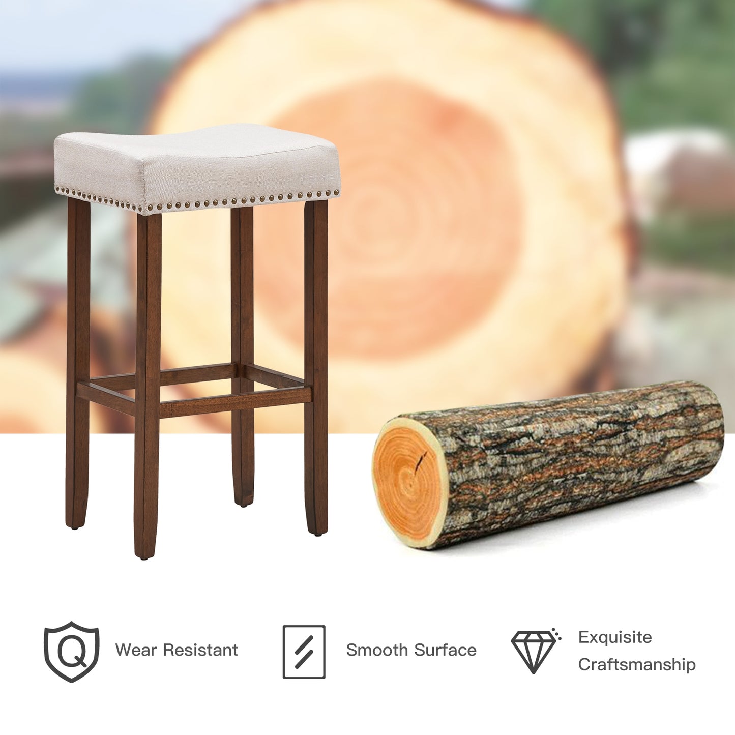 Set of 2 Upholstered 29 Inch Saddle Bar Stools with Nailhead Trim and Solid Wood Legs – Beige