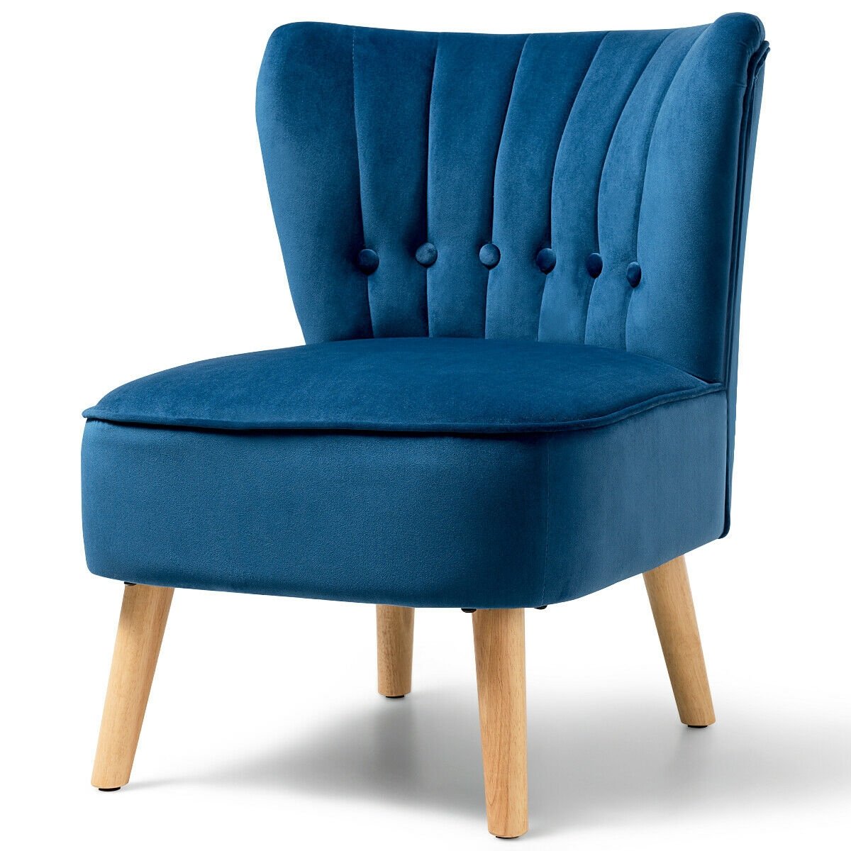 Tufted Velvet Armless Accent Chair with Ergonomic Backrest and Wood Legs - Blue