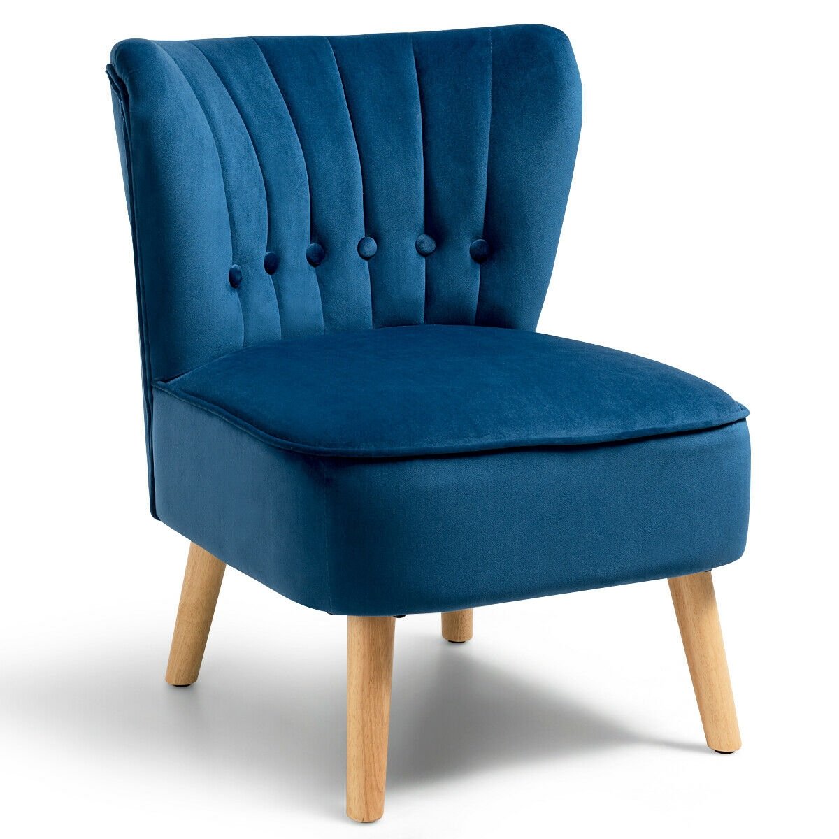 Tufted Velvet Armless Accent Chair with Ergonomic Backrest and Wood Legs - Blue