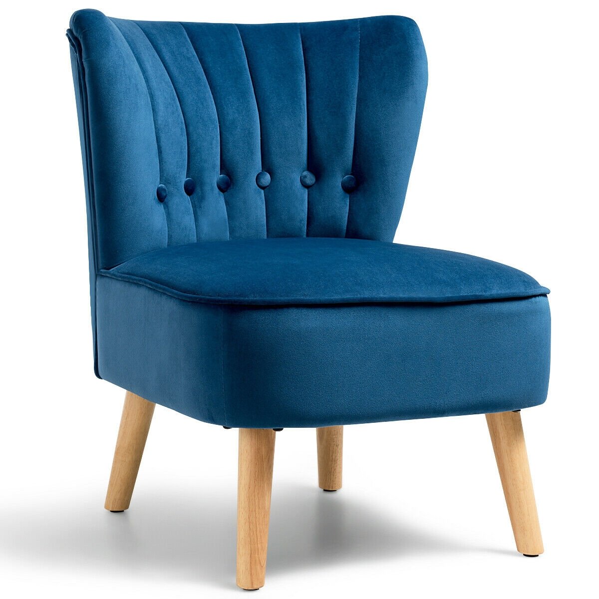 Tufted Velvet Armless Accent Chair with Ergonomic Backrest and Wood Legs - Blue