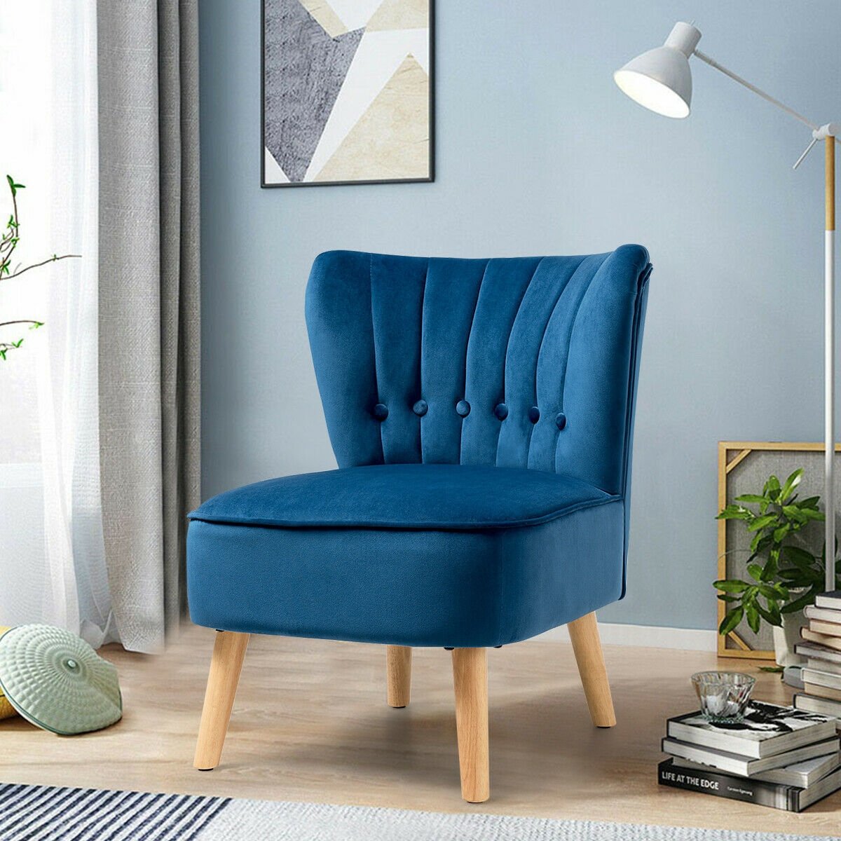 Tufted Velvet Armless Accent Chair with Ergonomic Backrest and Wood Legs - Blue