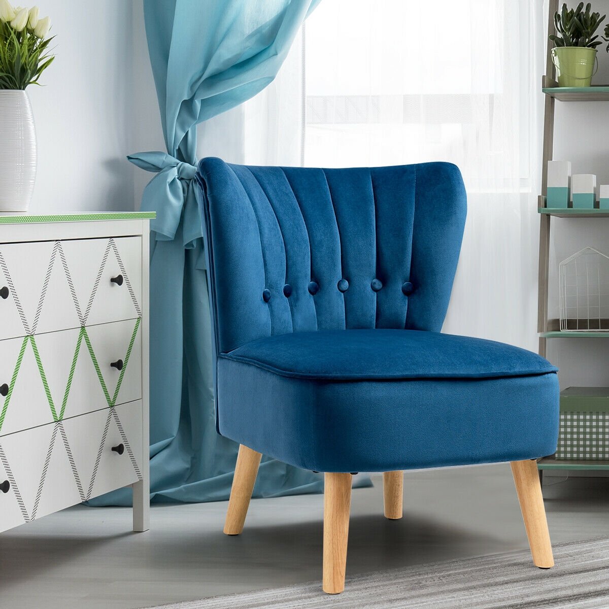 Tufted Velvet Armless Accent Chair with Ergonomic Backrest and Wood Legs - Blue