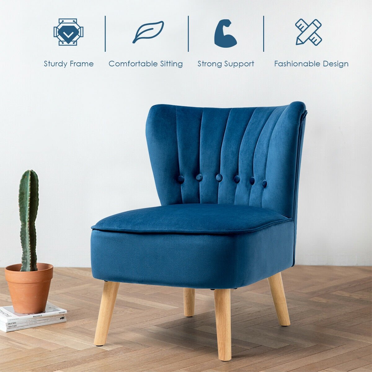 Tufted Velvet Armless Accent Chair with Ergonomic Backrest and Wood Legs - Blue