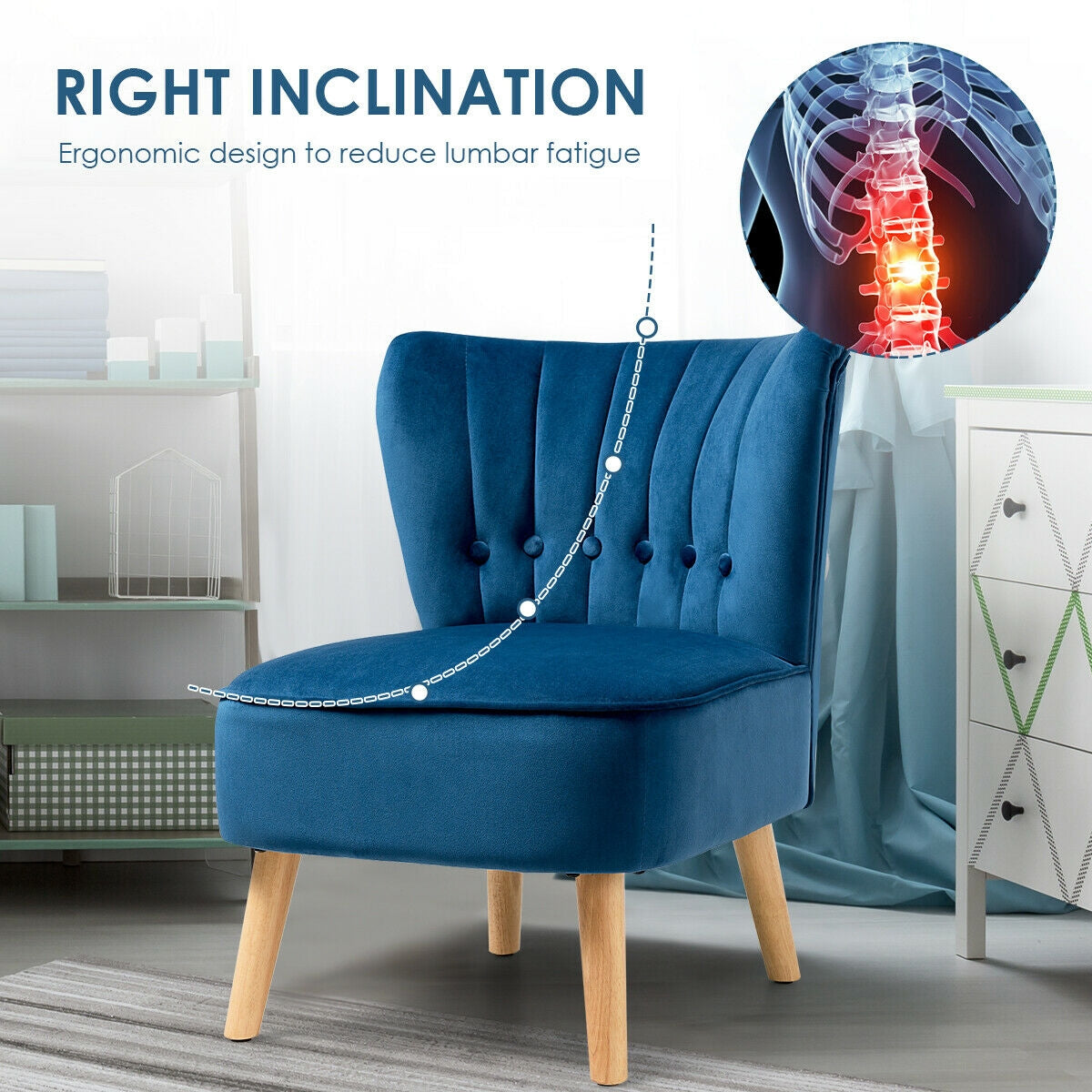Tufted Velvet Armless Accent Chair with Ergonomic Backrest and Wood Legs - Blue