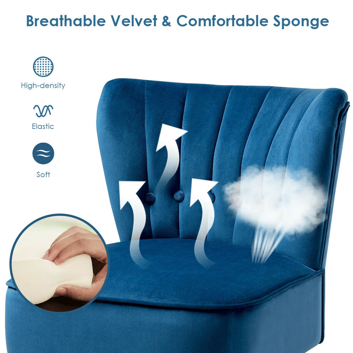 Tufted Velvet Armless Accent Chair with Ergonomic Backrest and Wood Legs - Blue
