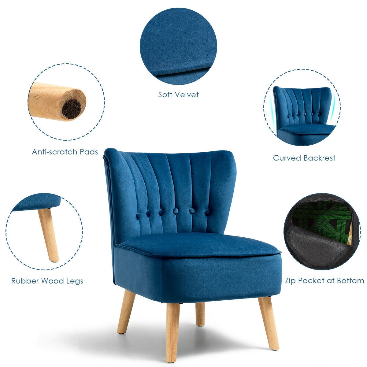 Tufted Velvet Armless Accent Chair with Ergonomic Backrest and Wood Legs - Blue
