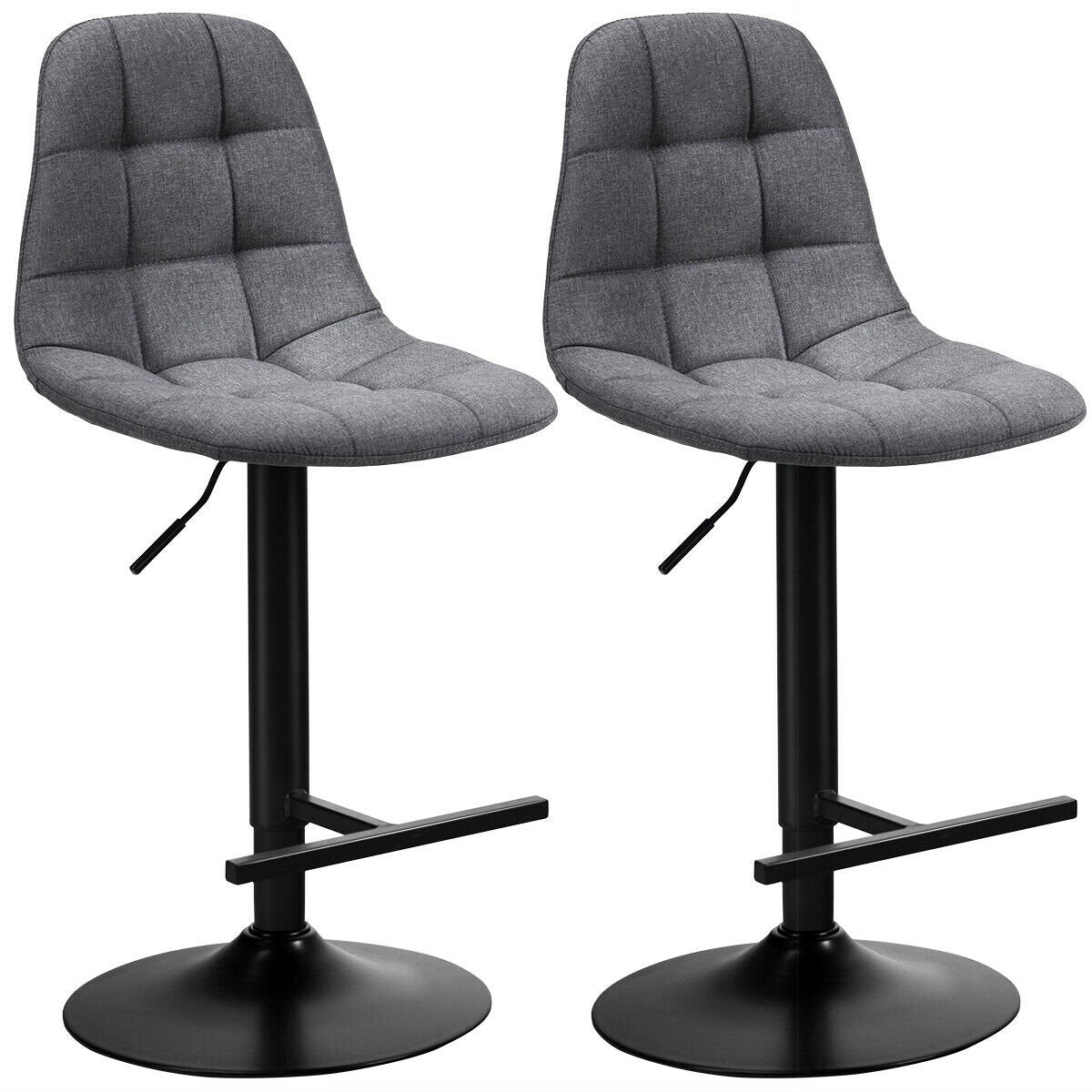 Set of 2 Adjustable Swivel Counter Height Bar Stools with Linen Upholstered Seats in Grey