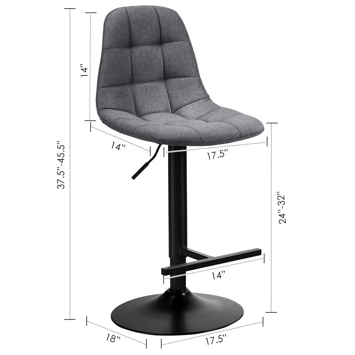 Set of 2 Adjustable Swivel Counter Height Bar Stools with Linen Upholstered Seats in Grey