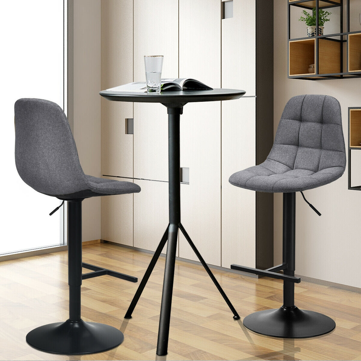 Set of 2 Adjustable Swivel Counter Height Bar Stools with Linen Upholstered Seats in Grey
