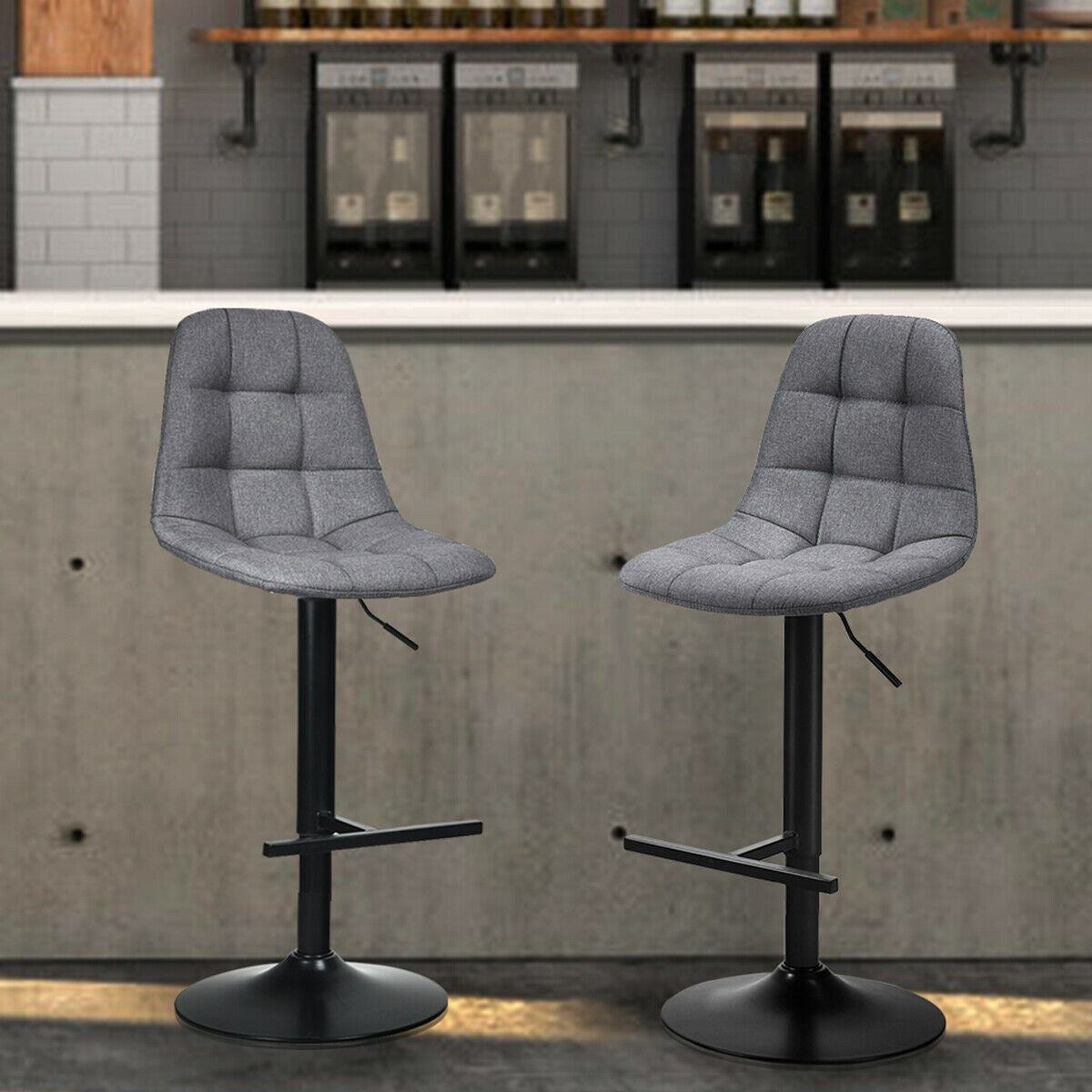 Set of 2 Adjustable Swivel Counter Height Bar Stools with Linen Upholstered Seats in Grey