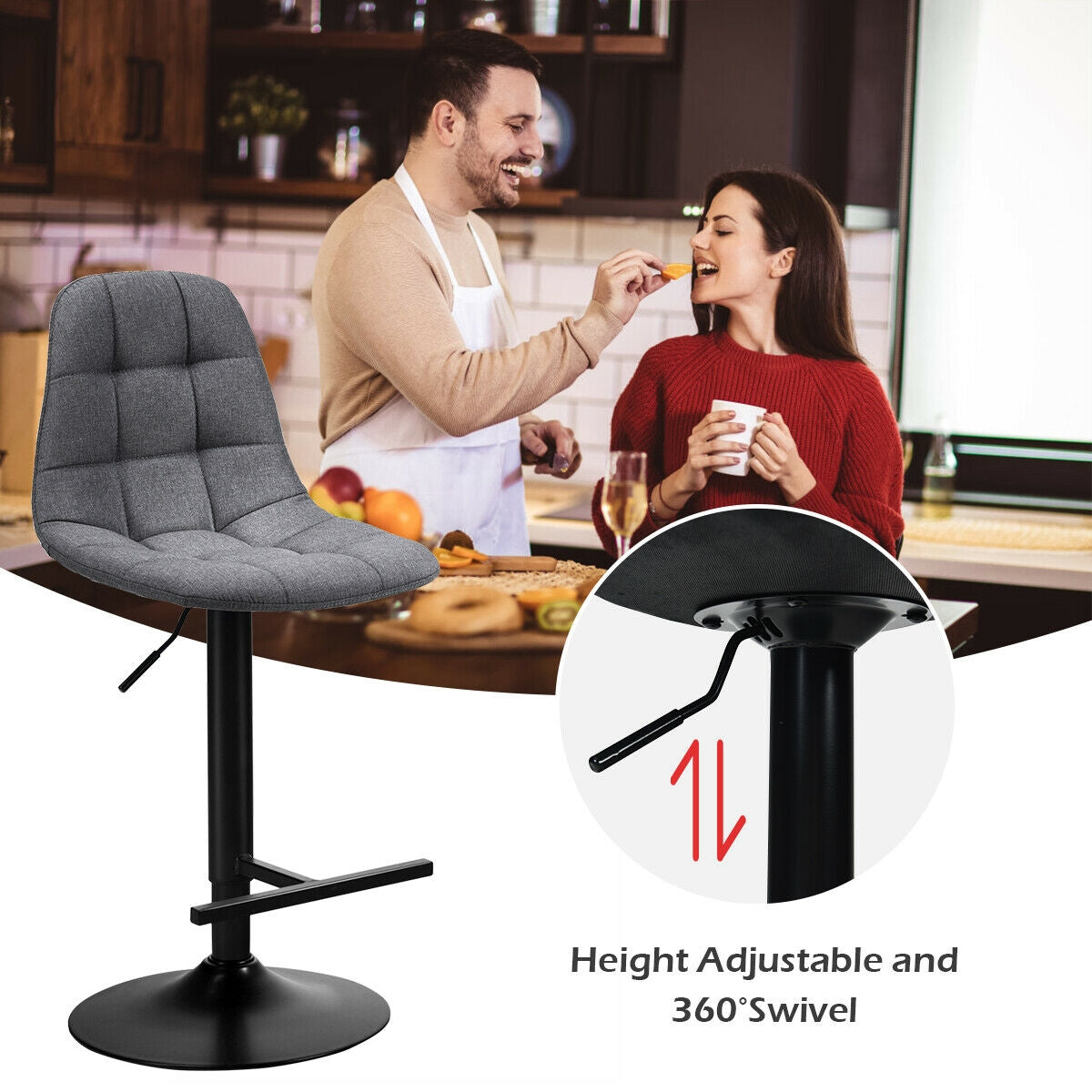 Set of 2 Adjustable Swivel Counter Height Bar Stools with Linen Upholstered Seats in Grey