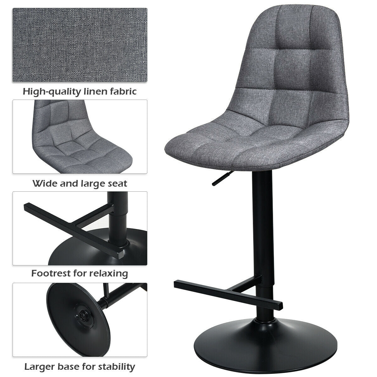 Set of 2 Adjustable Swivel Counter Height Bar Stools with Linen Upholstered Seats in Grey
