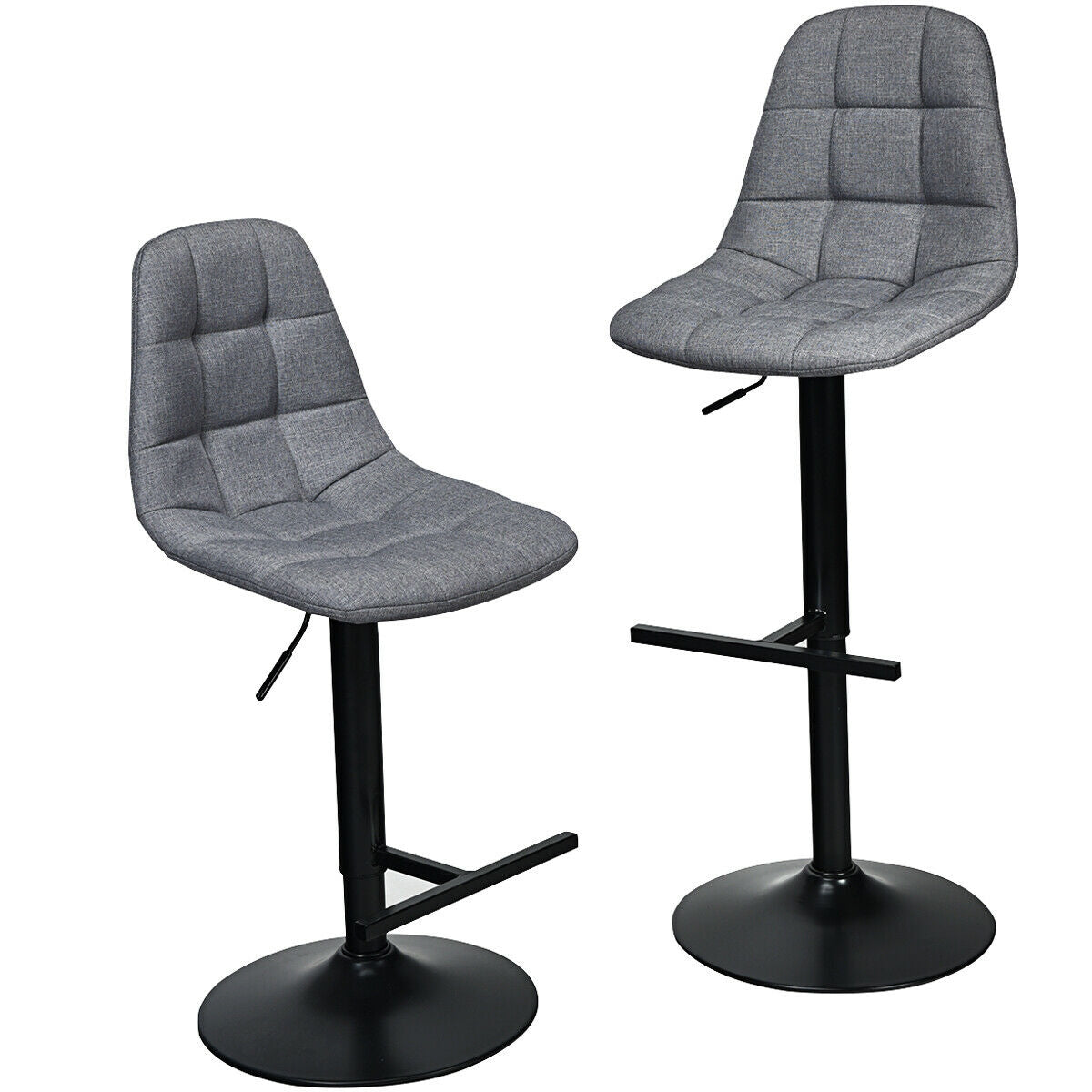 Set of 2 Adjustable Swivel Counter Height Bar Stools with Linen Upholstered Seats in Grey