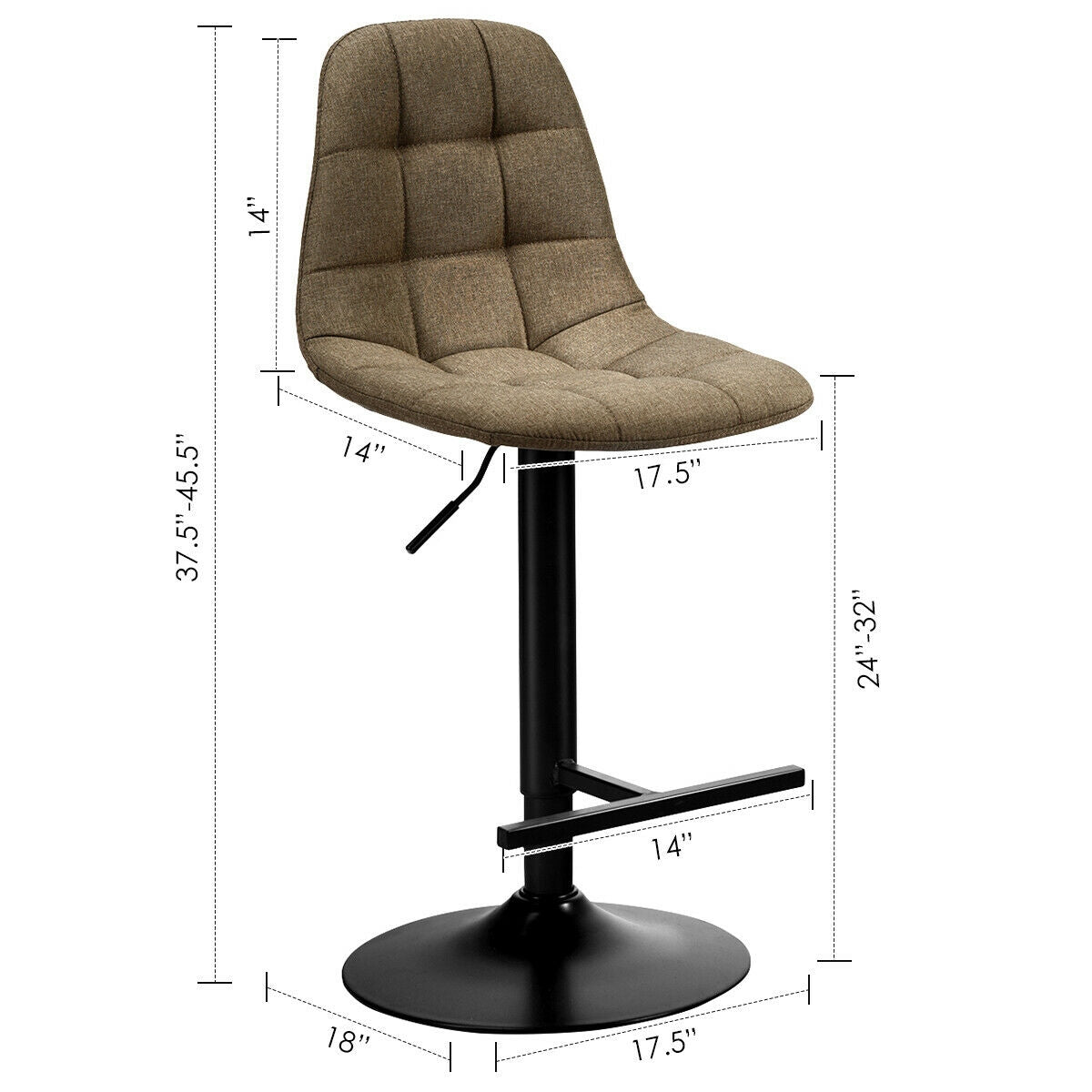 Set of 2 Adjustable Swivel Counter Height Bar Stools with Linen Upholstered Seats in Brown