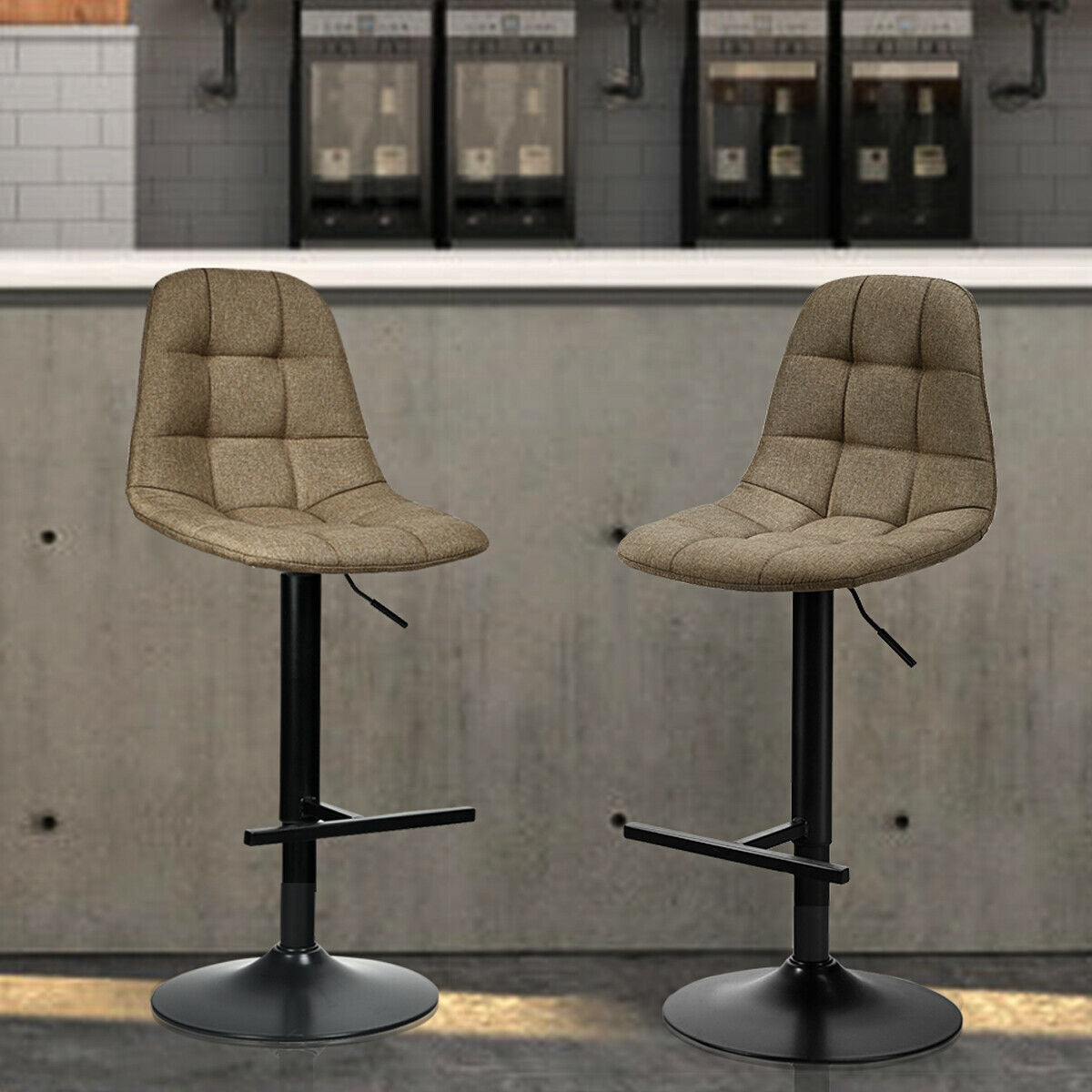 Set of 2 Adjustable Swivel Counter Height Bar Stools with Linen Upholstered Seats in Brown