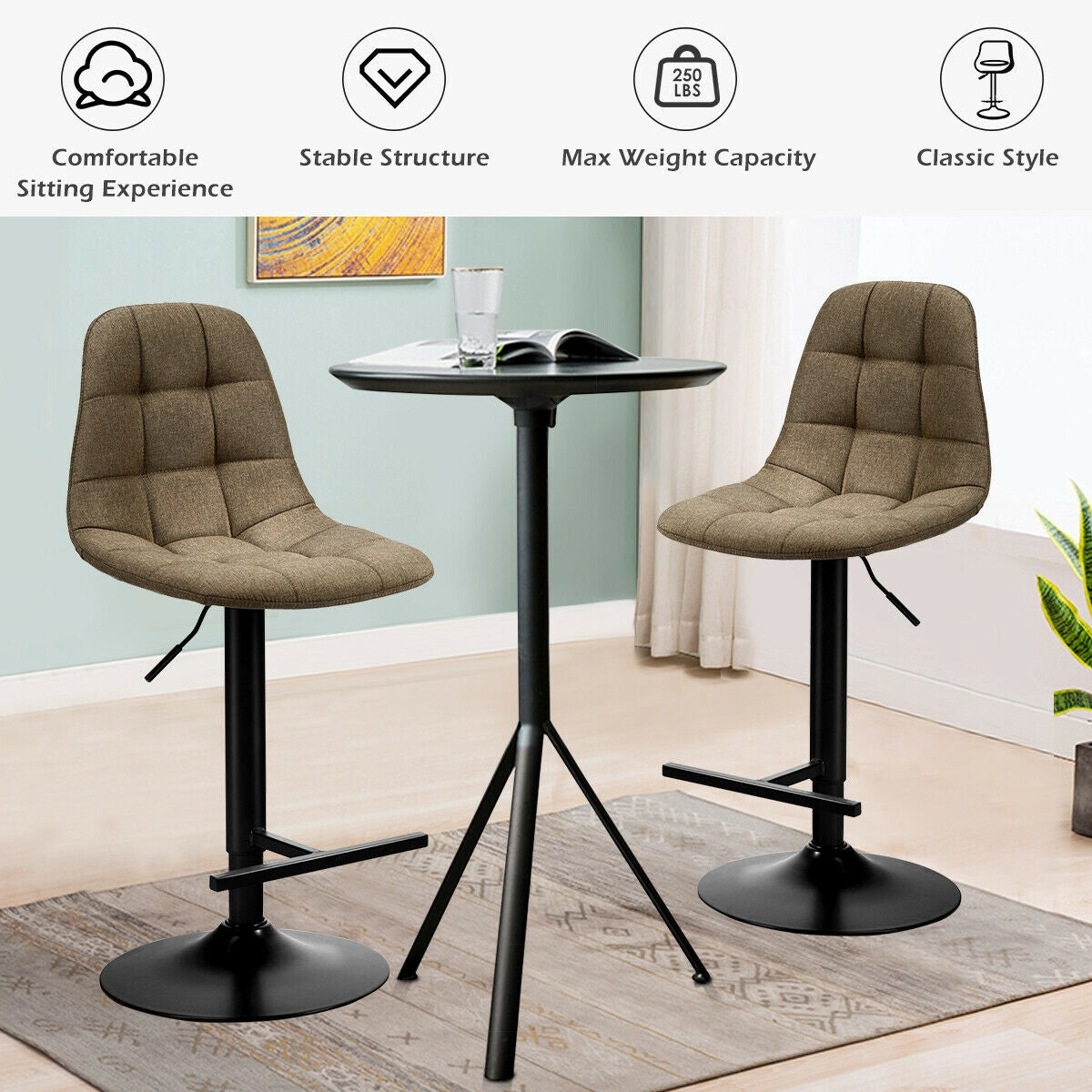 Set of 2 Adjustable Swivel Counter Height Bar Stools with Linen Upholstered Seats in Brown