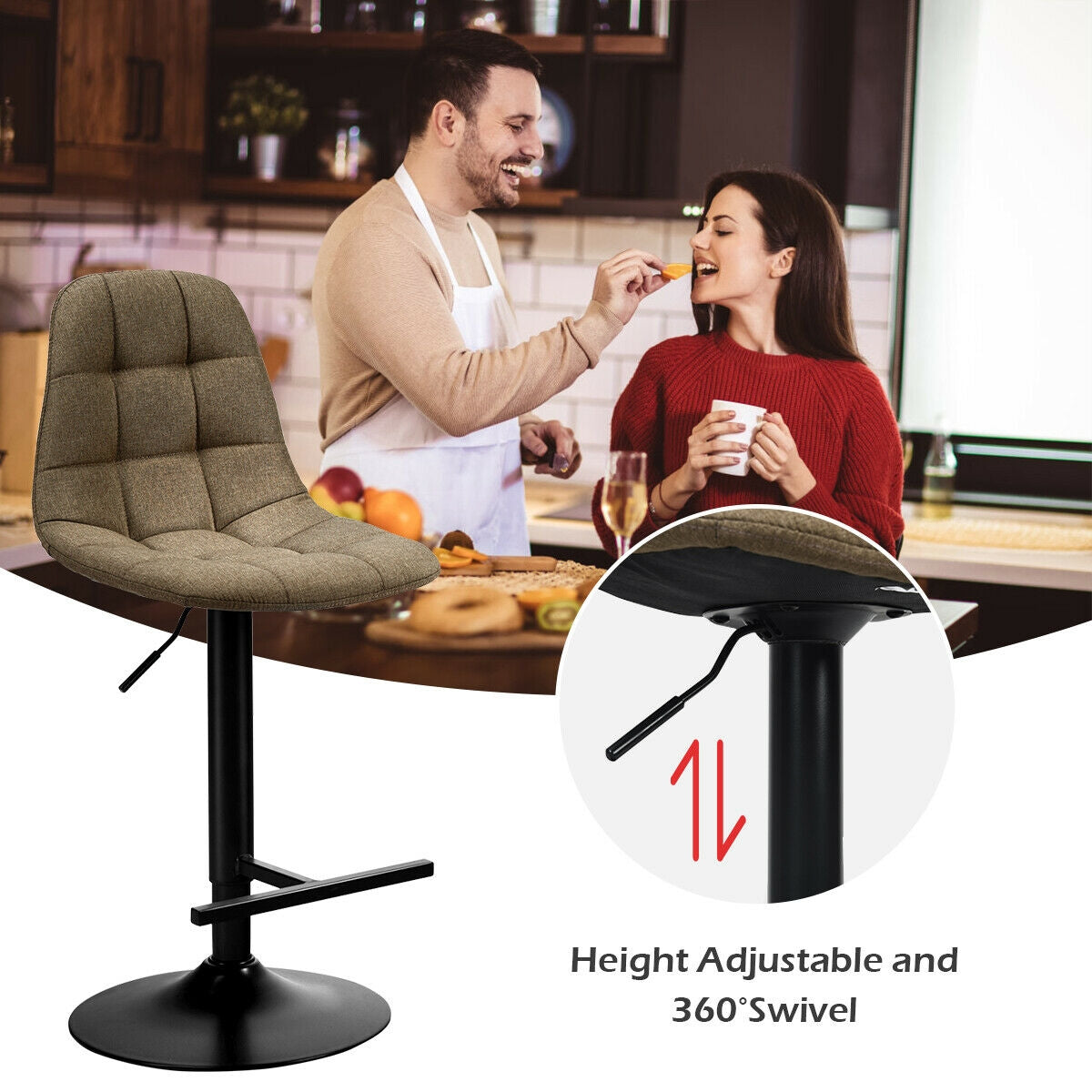 Set of 2 Adjustable Swivel Counter Height Bar Stools with Linen Upholstered Seats in Brown