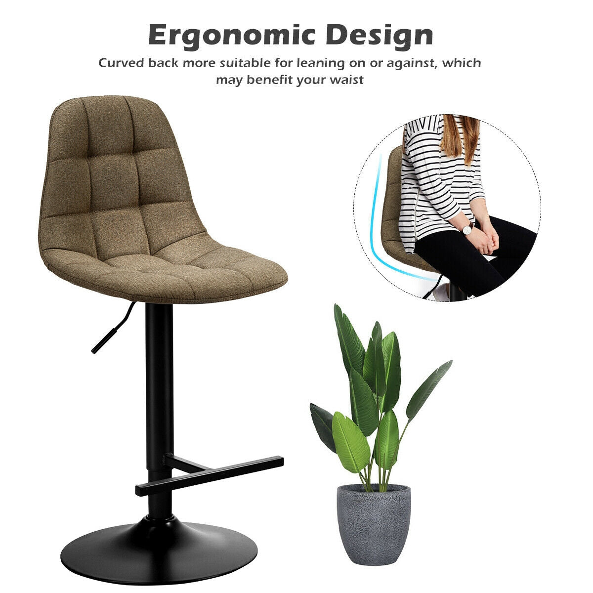 Set of 2 Adjustable Swivel Counter Height Bar Stools with Linen Upholstered Seats in Brown