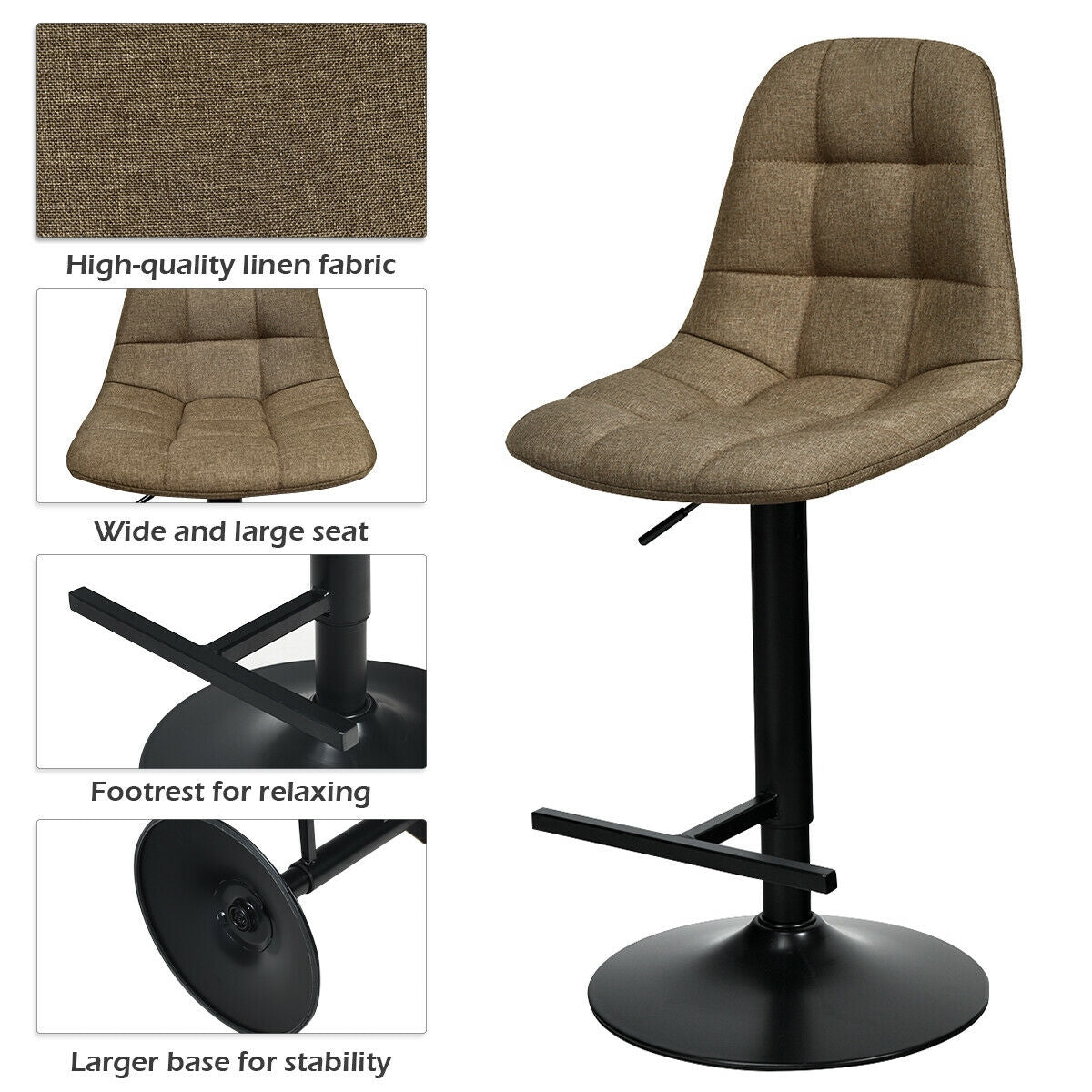 Set of 2 Adjustable Swivel Counter Height Bar Stools with Linen Upholstered Seats in Brown