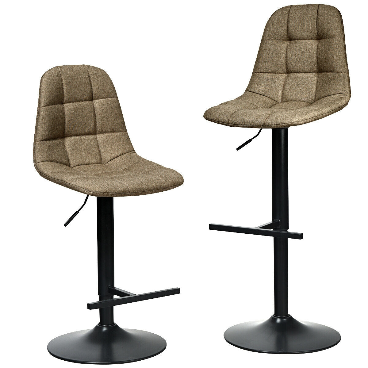 Set of 2 Adjustable Swivel Counter Height Bar Stools with Linen Upholstered Seats in Brown