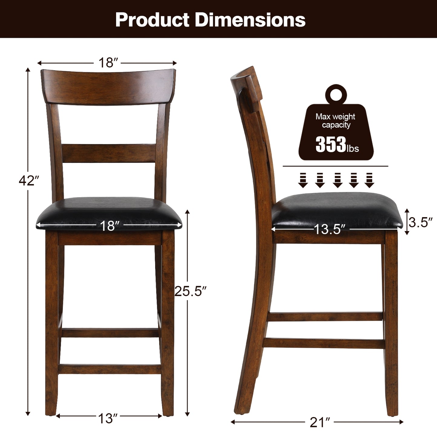 Set of 2 Upholstered Counter Height Dining Chairs with Rubber Wood Legs and Leather Padded Seats