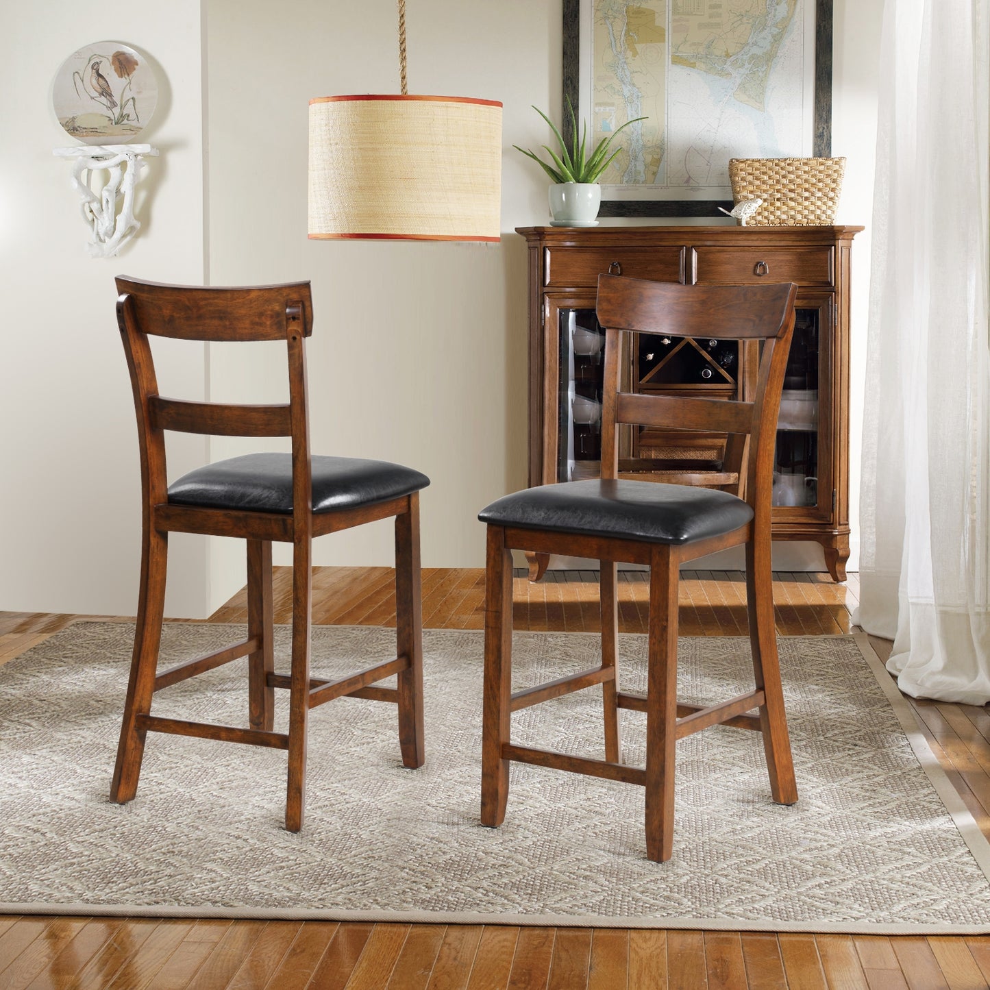 Set of 2 Upholstered Counter Height Dining Chairs with Rubber Wood Legs and Leather Padded Seats