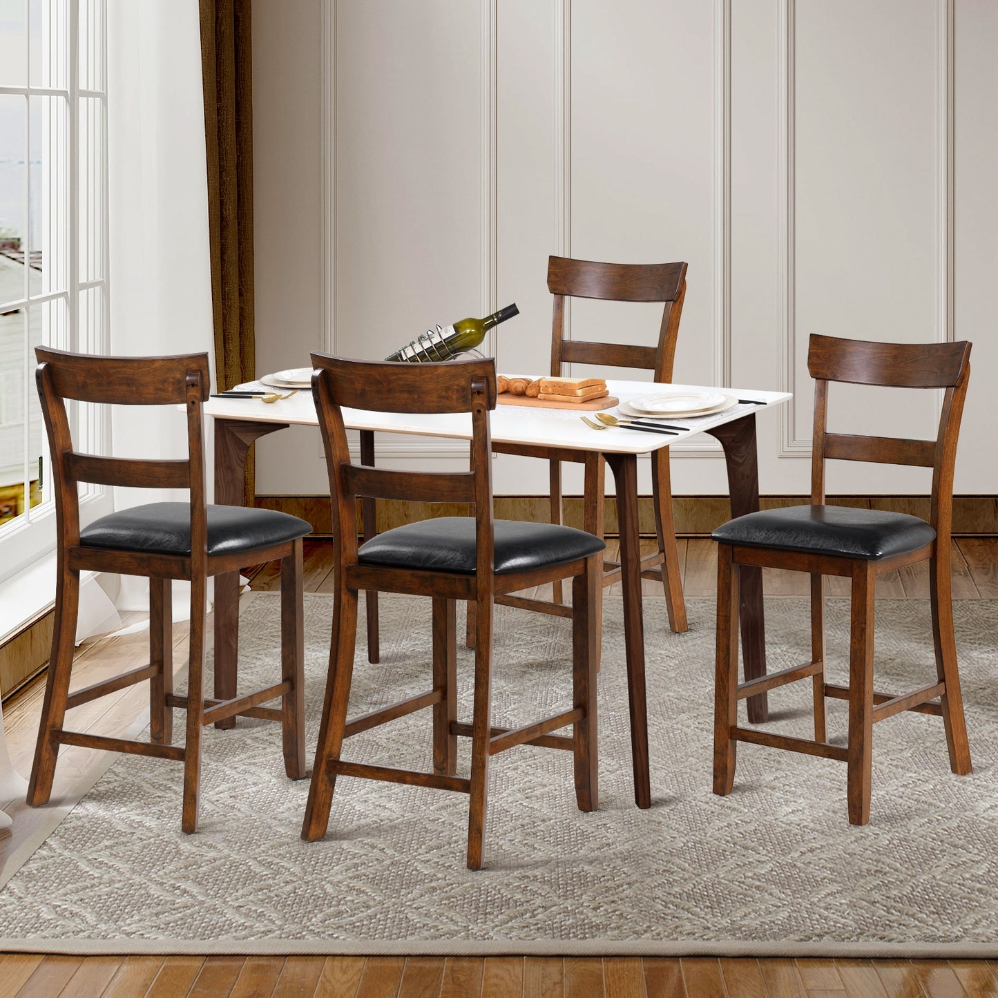 Set of 2 Upholstered Counter Height Dining Chairs with Rubber Wood Legs and Leather Padded Seats