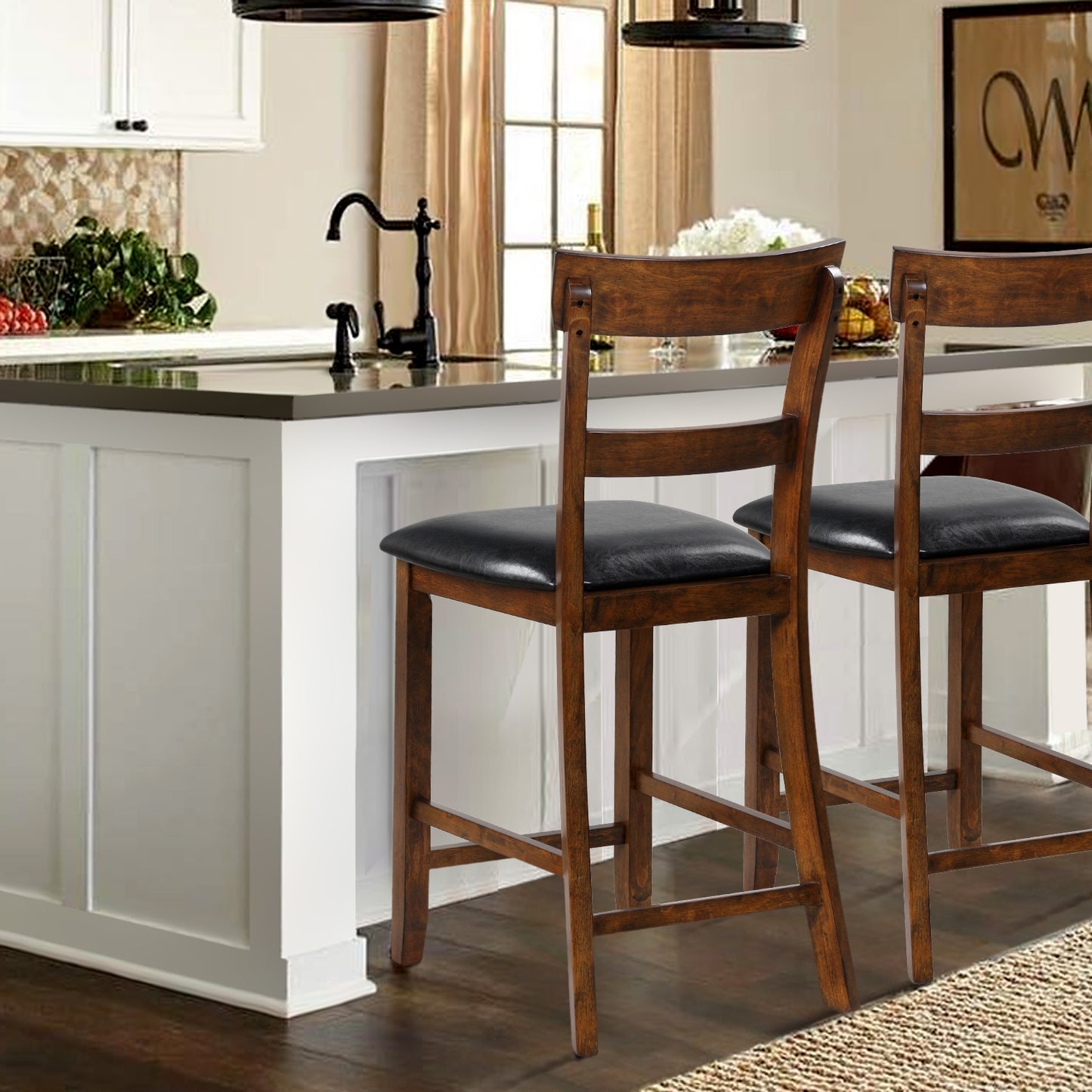 Set of 2 Upholstered Counter Height Dining Chairs with Rubber Wood Legs and Leather Padded Seats