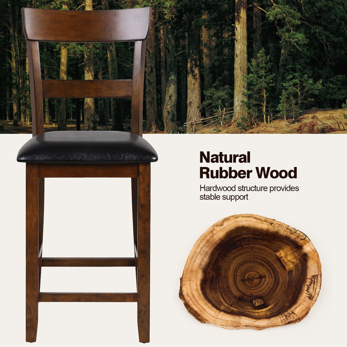 Set of 2 Upholstered Counter Height Dining Chairs with Rubber Wood Legs and Leather Padded Seats