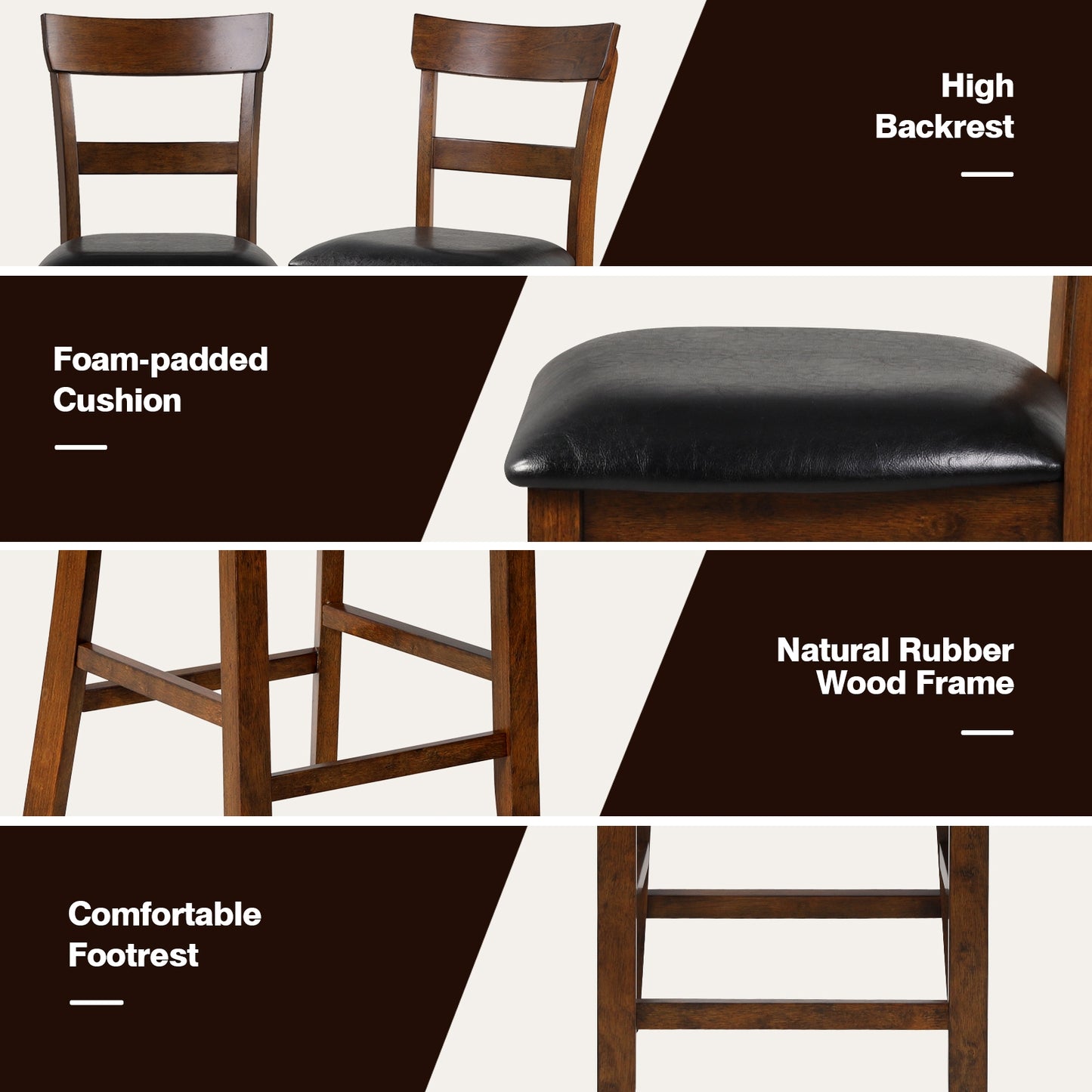 Set of 2 Upholstered Counter Height Dining Chairs with Rubber Wood Legs and Leather Padded Seats