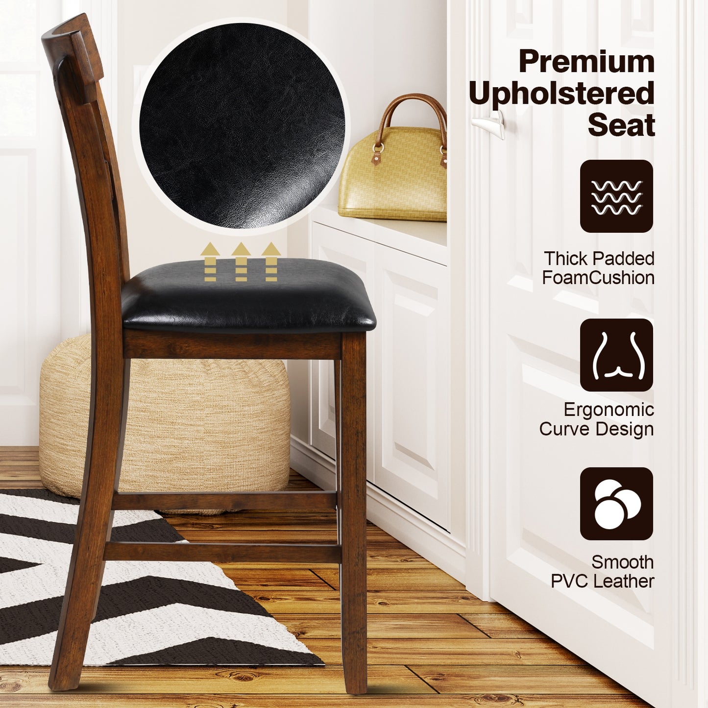 Set of 2 Upholstered Counter Height Dining Chairs with Rubber Wood Legs and Leather Padded Seats