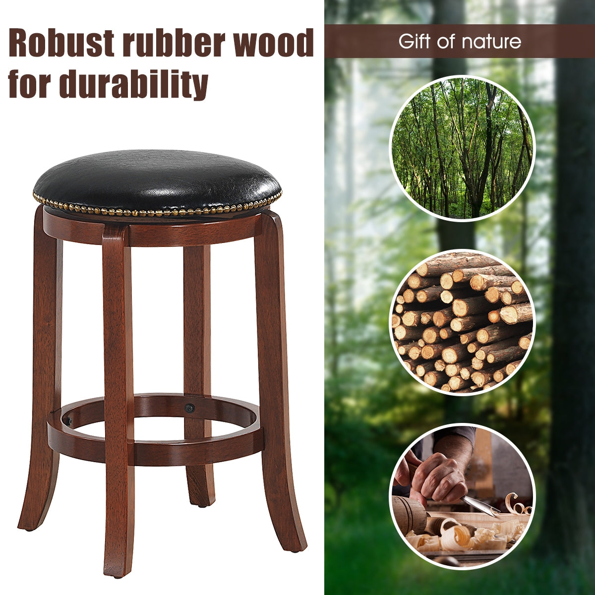 24 Inch Leather Upholstered Backless Swivel Bar Stool for Bistro and Kitchen