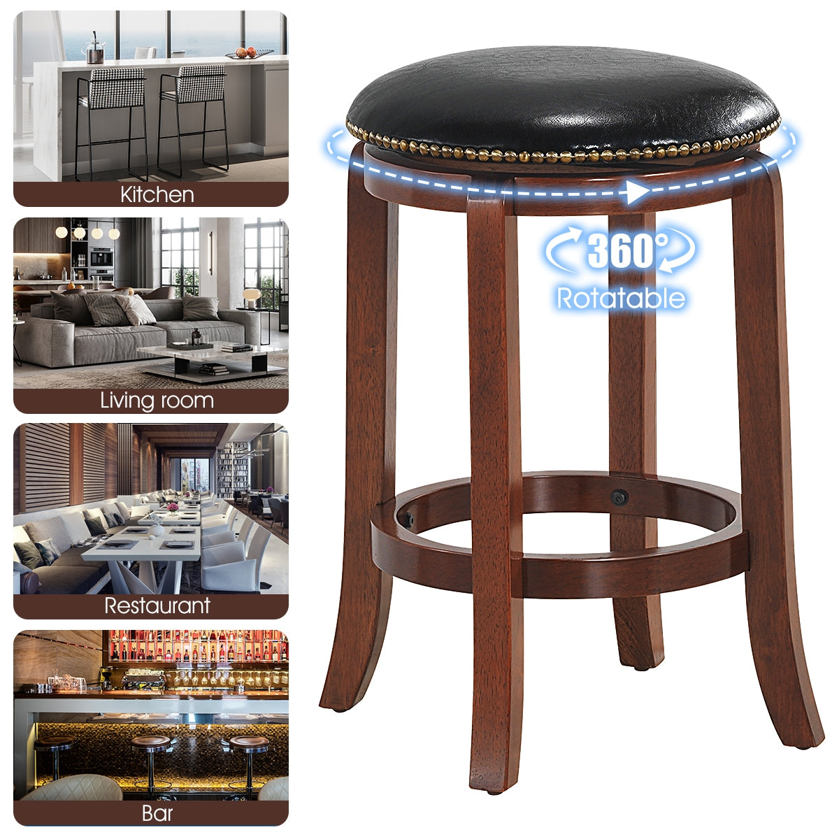 24 Inch Leather Upholstered Backless Swivel Bar Stool for Bistro and Kitchen