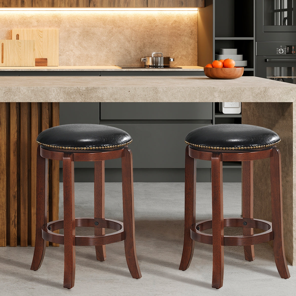 24 Inch Leather Upholstered Backless Swivel Bar Stool for Bistro and Kitchen