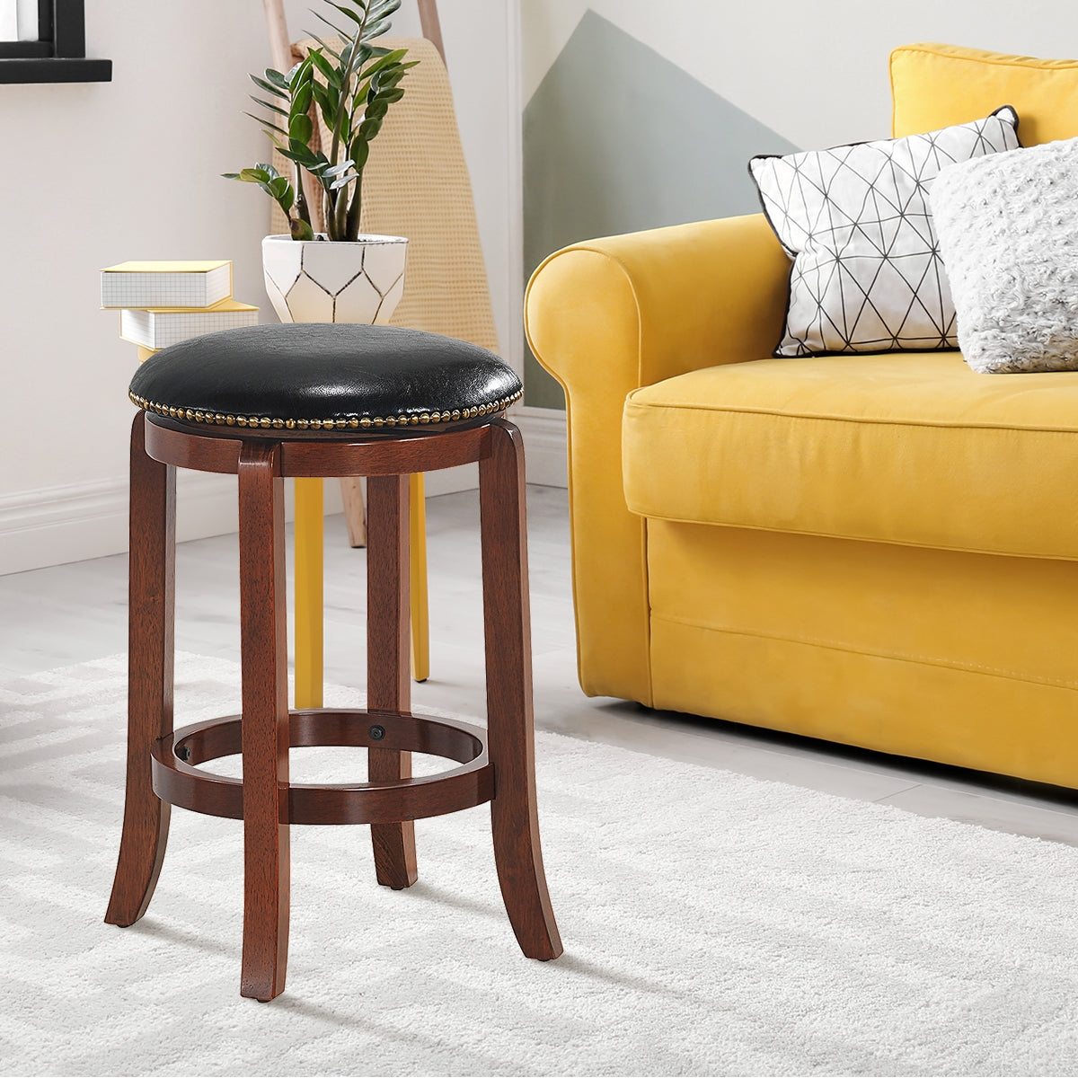 24 Inch Leather Upholstered Backless Swivel Bar Stool for Bistro and Kitchen