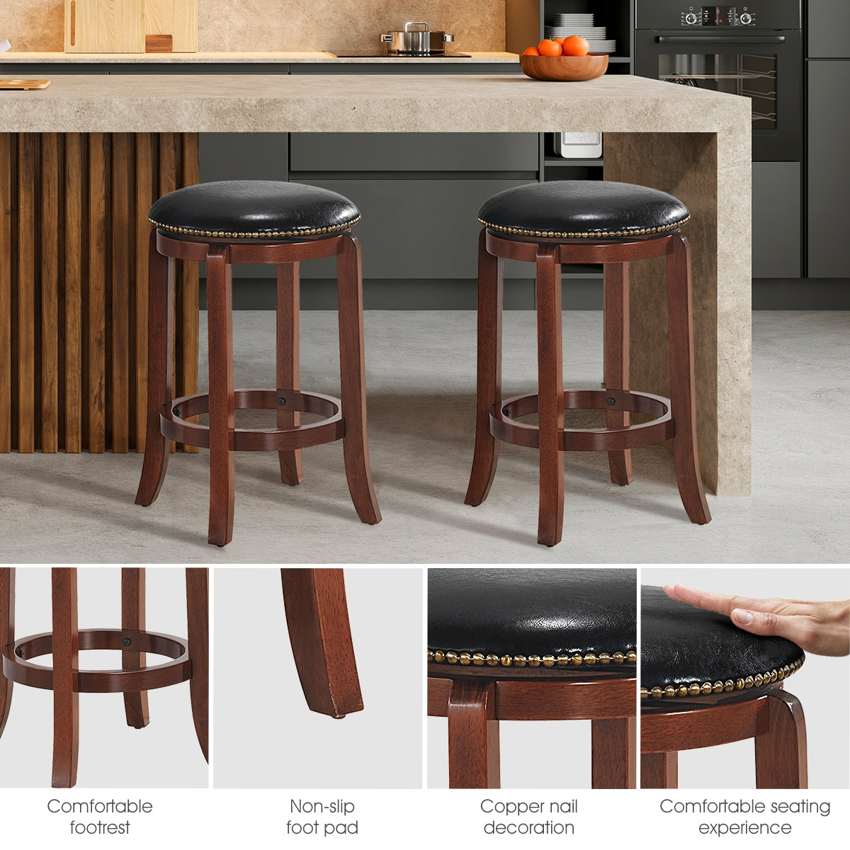 24 Inch Leather Upholstered Backless Swivel Bar Stool for Bistro and Kitchen