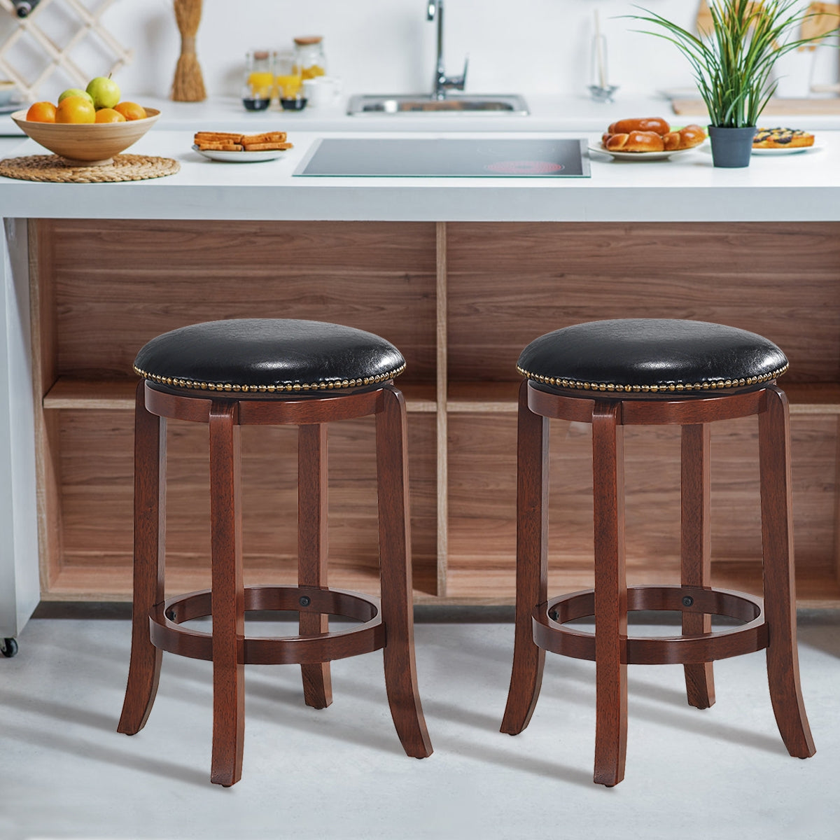 24 Inch Leather Upholstered Backless Swivel Bar Stool for Bistro and Kitchen