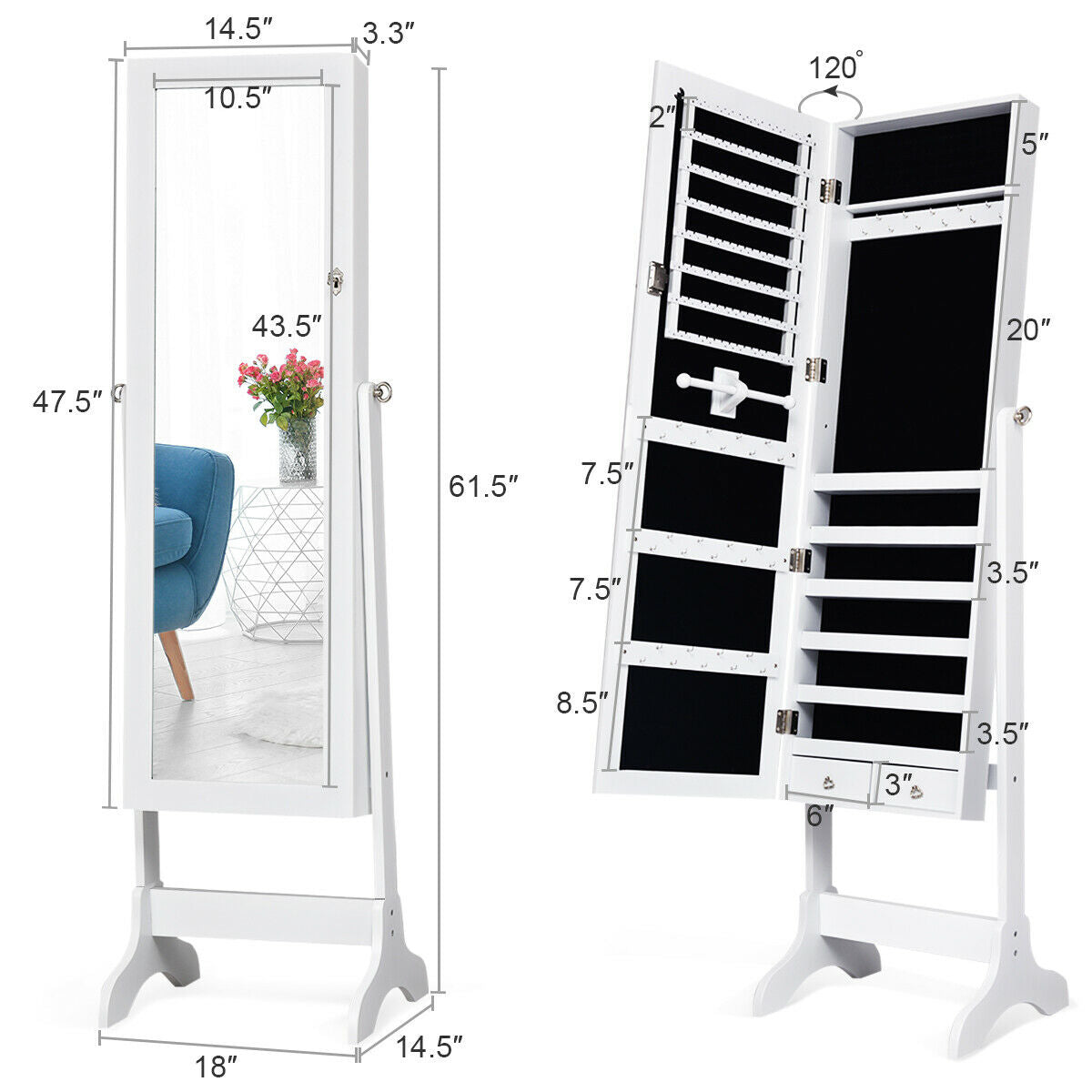 Freestanding Lockable Jewelry Armoire with Full Length Mirror and Ample Storage – White