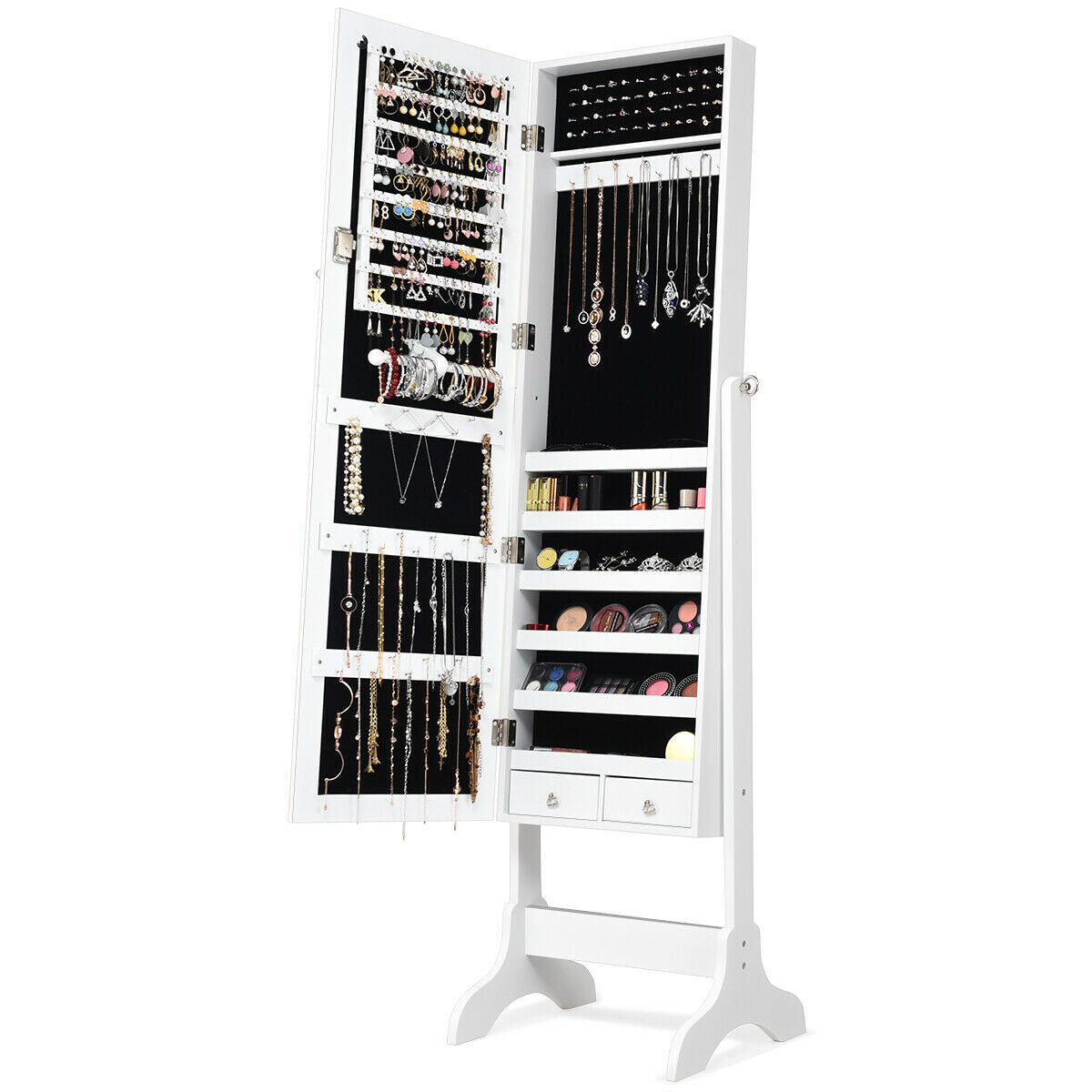 Freestanding Lockable Jewelry Armoire with Full Length Mirror and Ample Storage – White