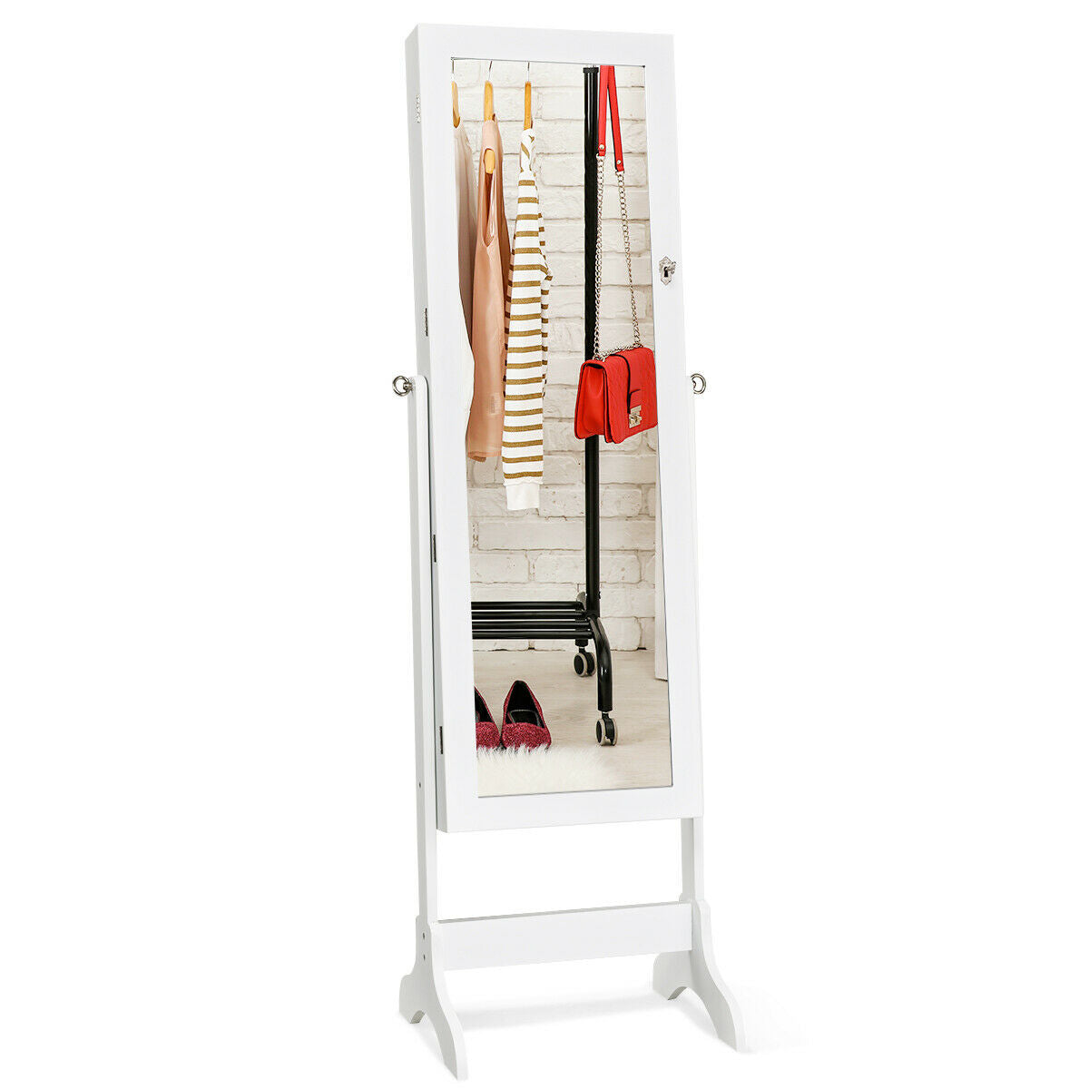 Freestanding Lockable Jewelry Armoire with Full Length Mirror and Ample Storage – White