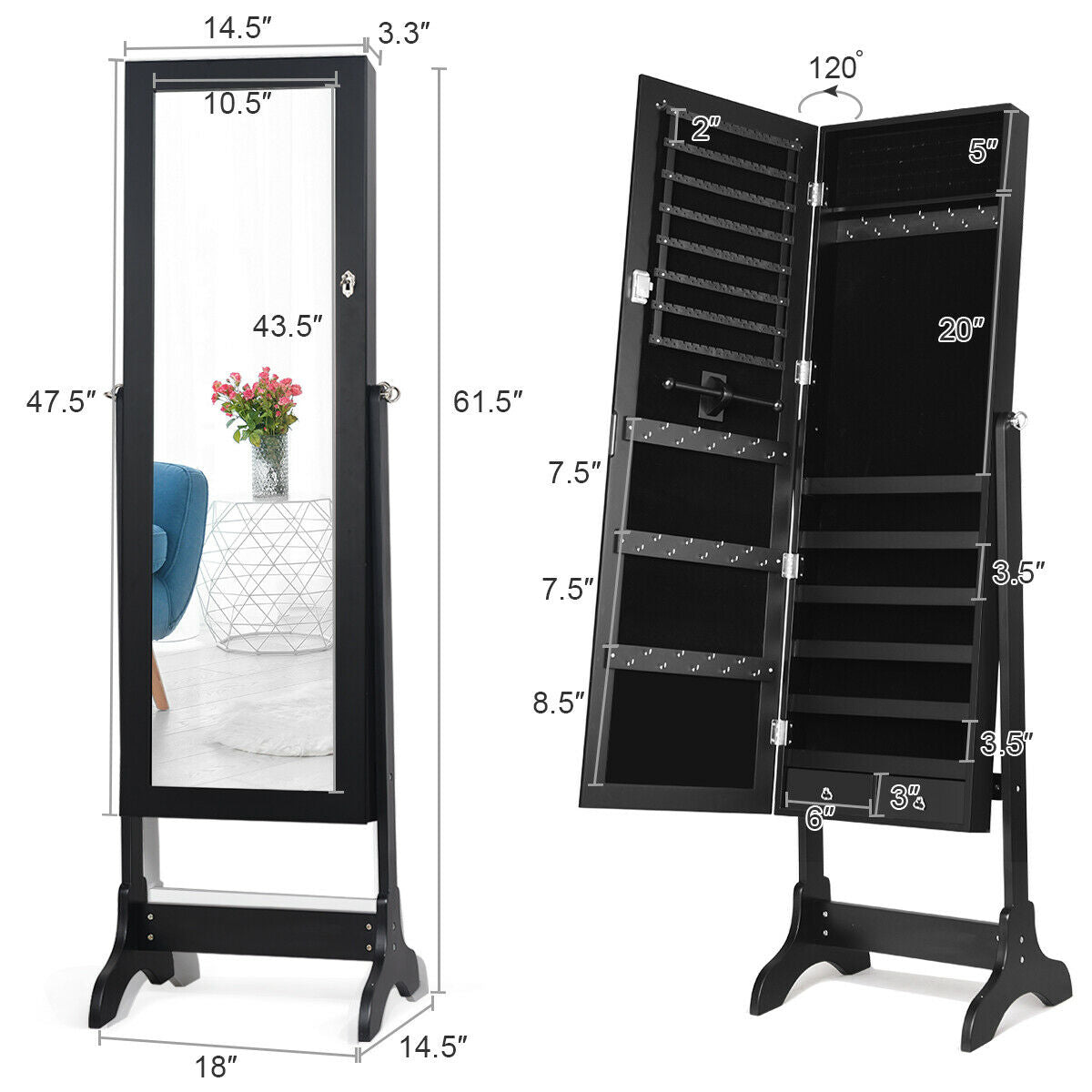 Freestanding Lockable Jewelry Armoire with Full Length Mirror and Ample Storage – Black