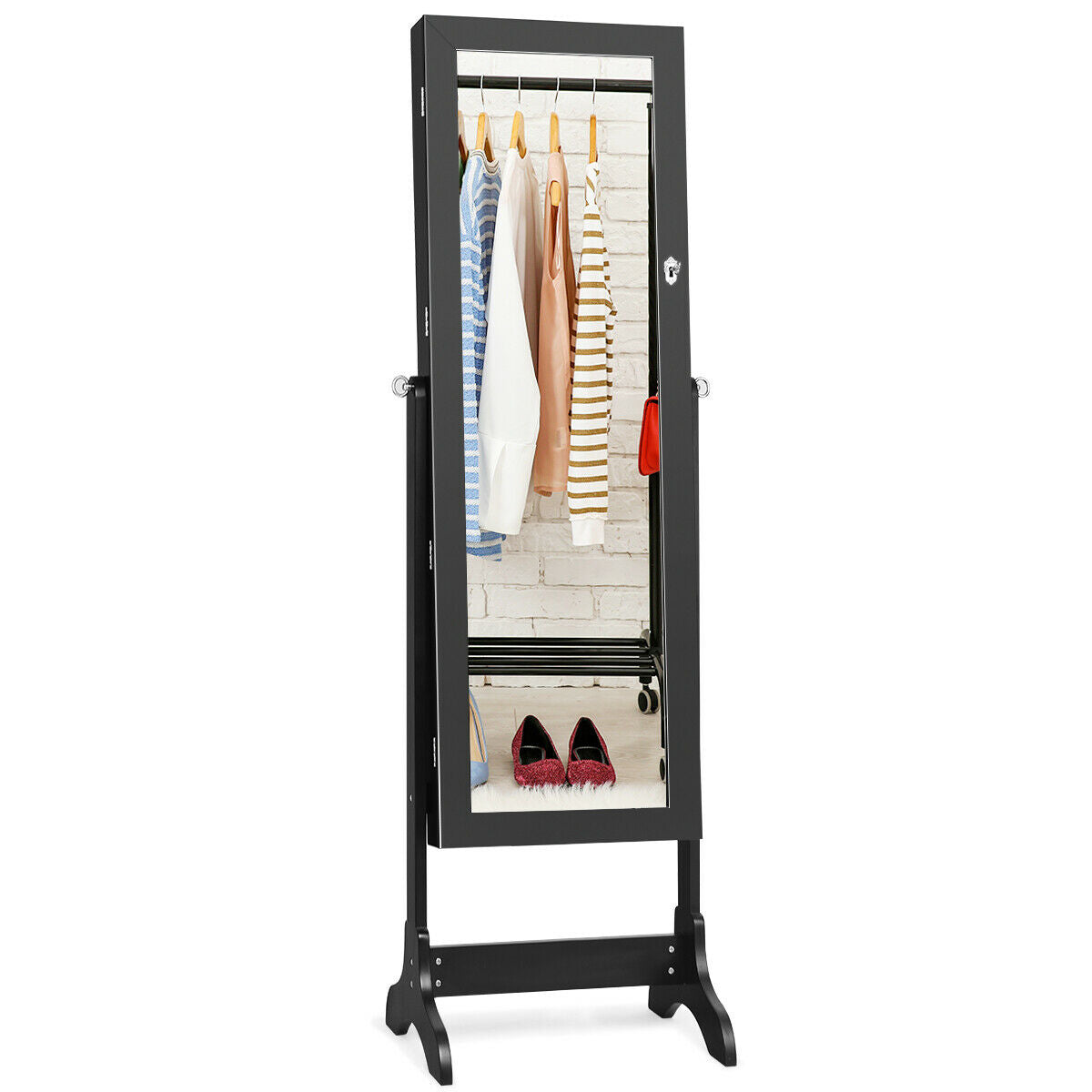 Freestanding Lockable Jewelry Armoire with Full Length Mirror and Ample Storage – Black