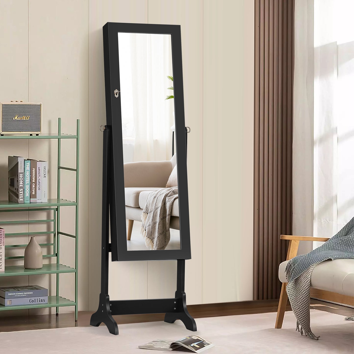 Freestanding Lockable Jewelry Armoire with Full Length Mirror and Ample Storage – Black