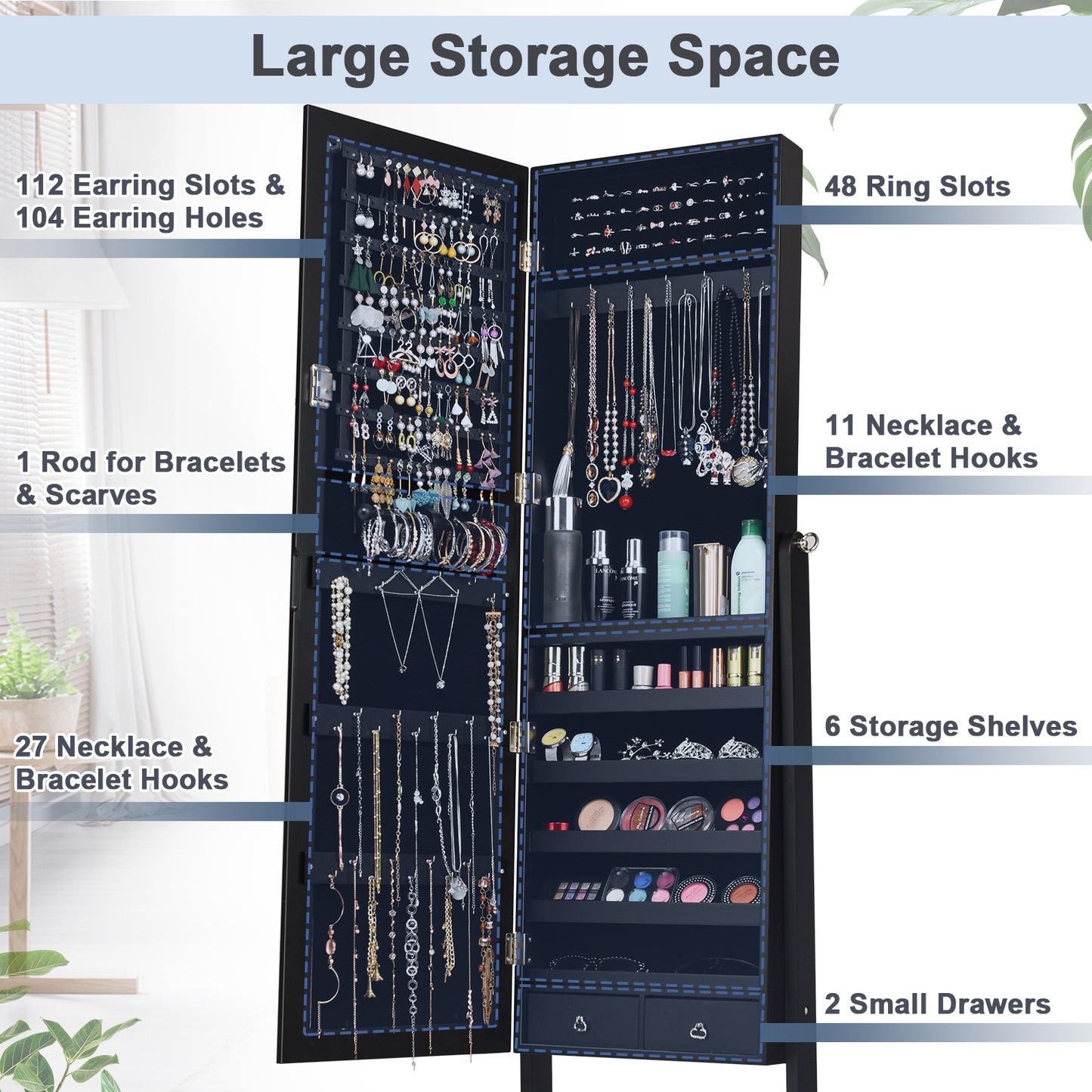 Freestanding Lockable Jewelry Armoire with Full Length Mirror and Ample Storage – Black