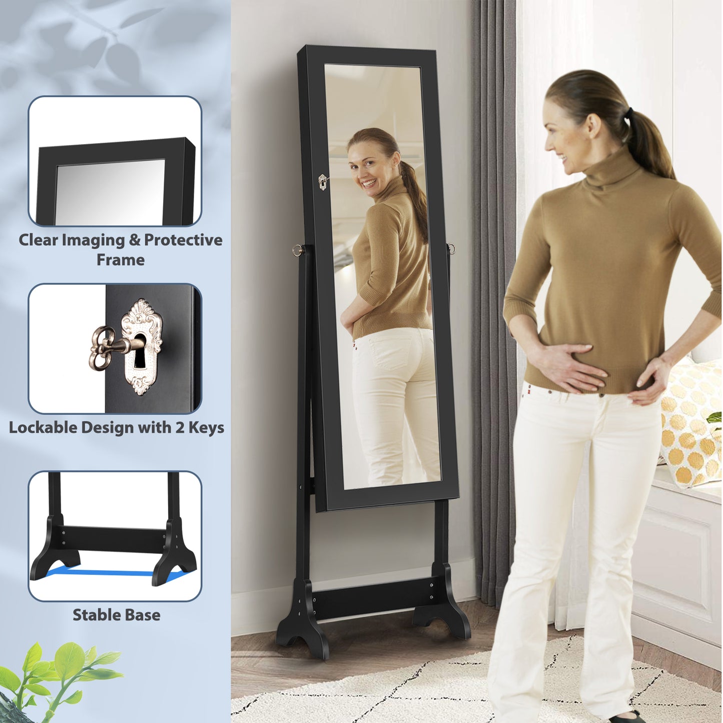 Freestanding Lockable Jewelry Armoire with Full Length Mirror and Ample Storage – Black